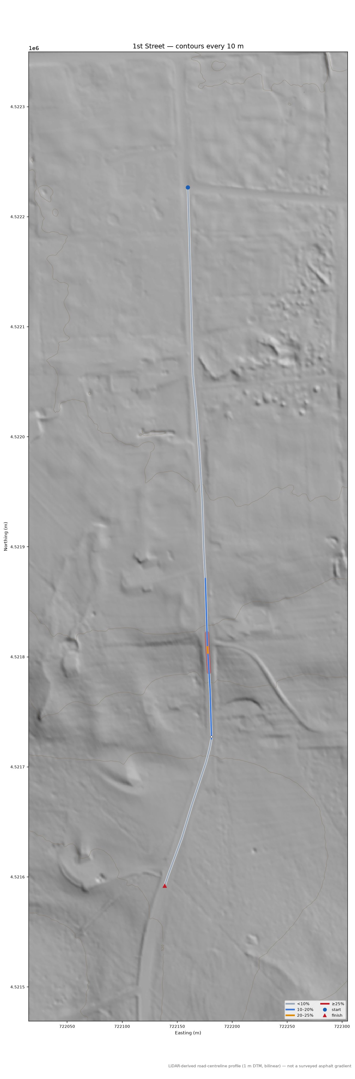 1st Street LiDAR hillshade map with contours