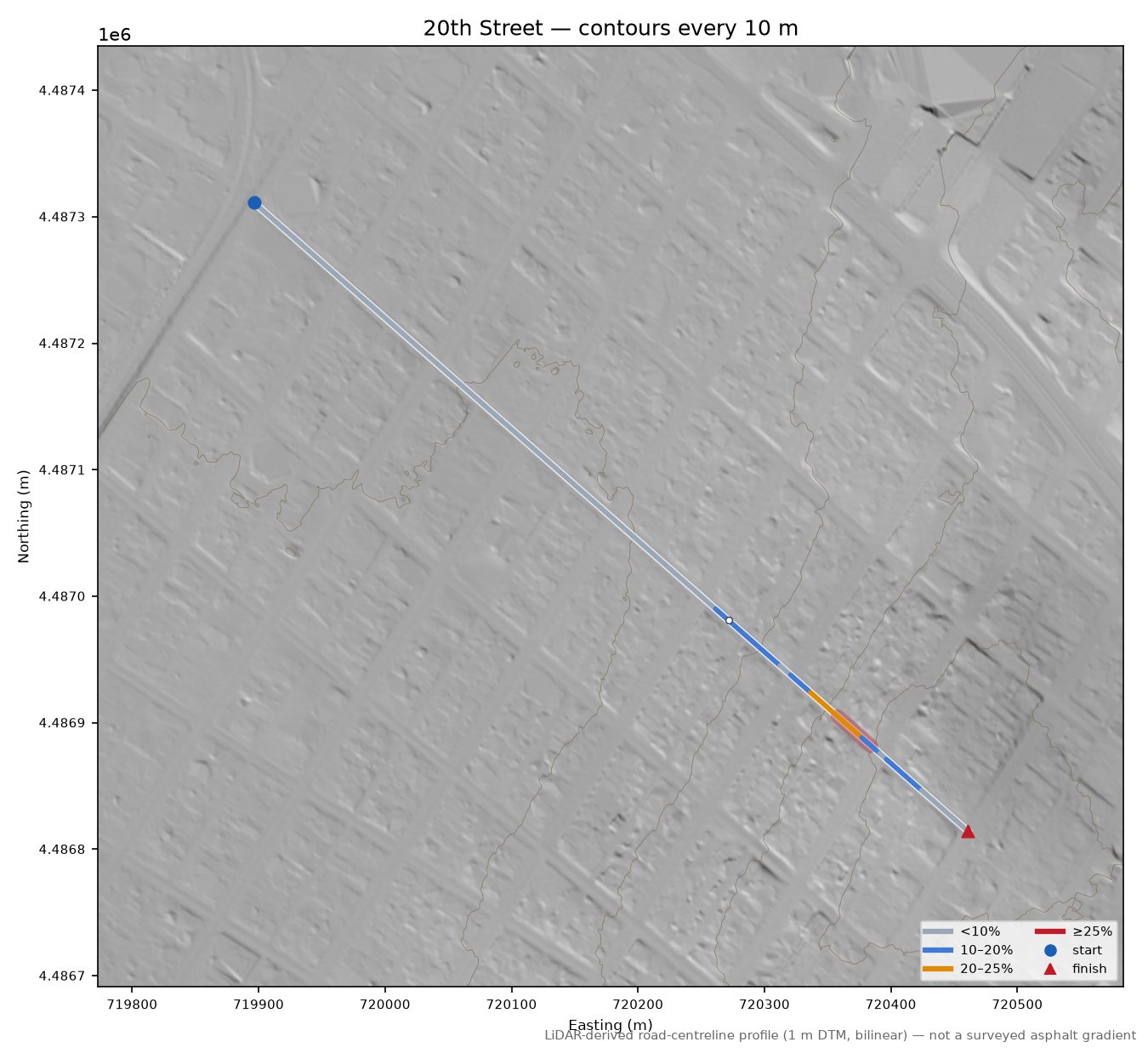 20th Street LiDAR hillshade map with contours
