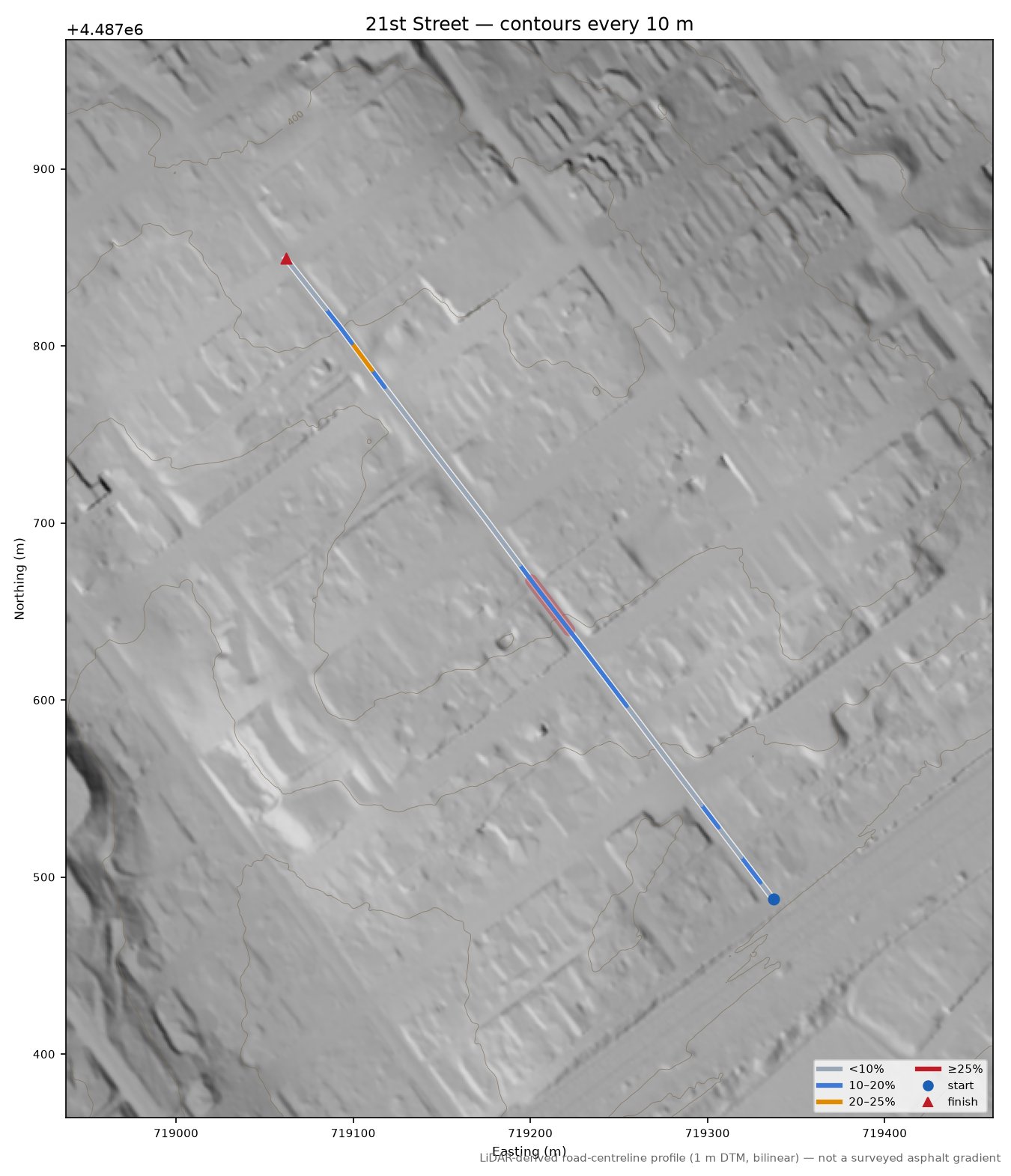 21st Street LiDAR hillshade map with contours