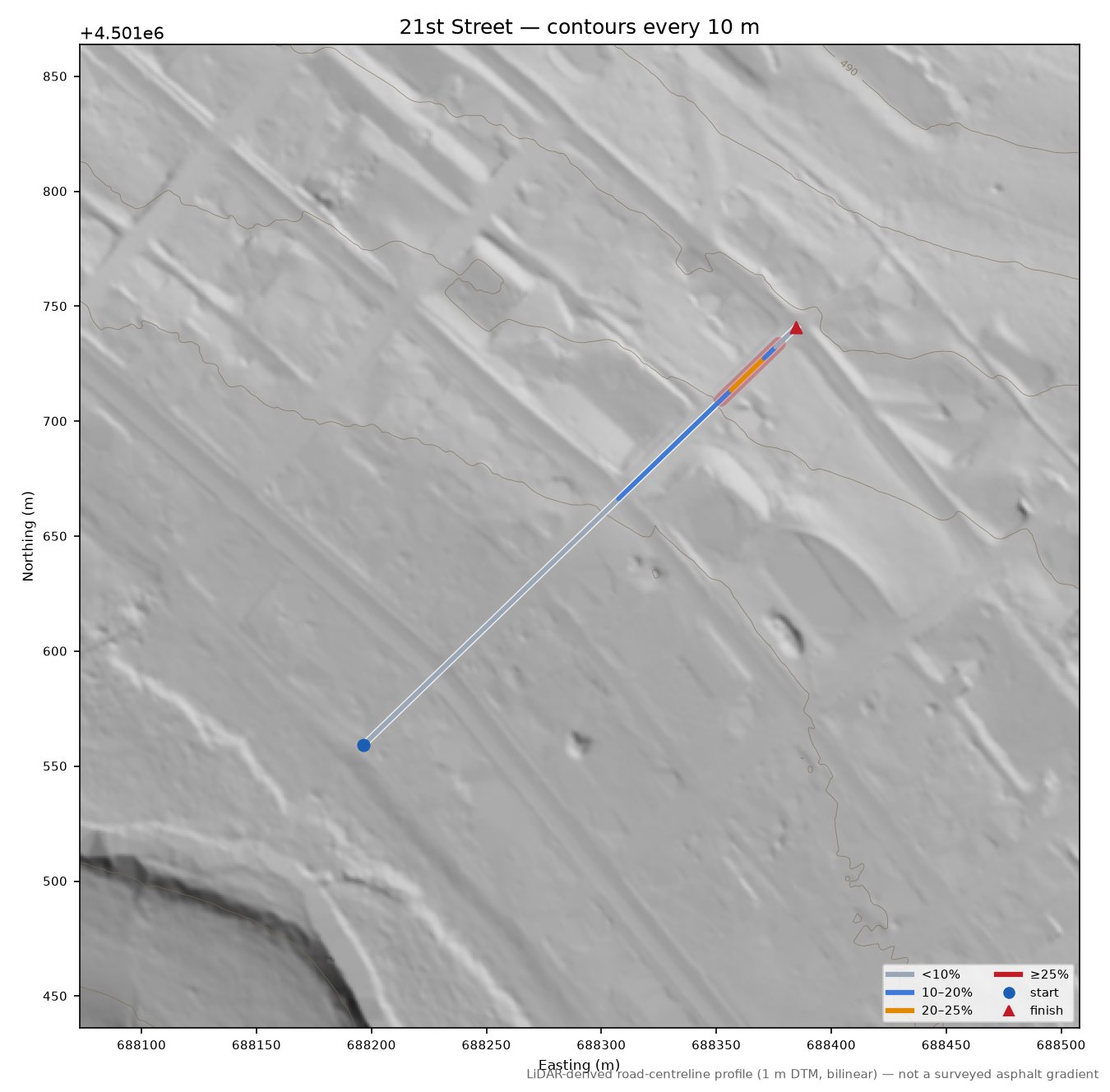 21st Street LiDAR hillshade map with contours