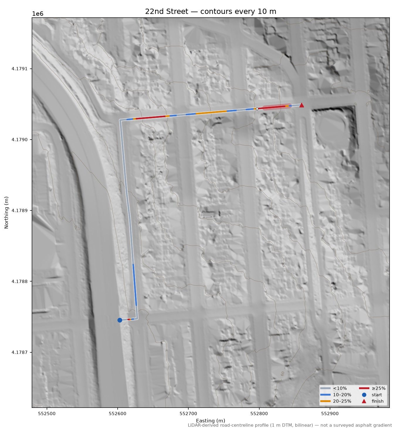 22nd Street LiDAR hillshade map with contours