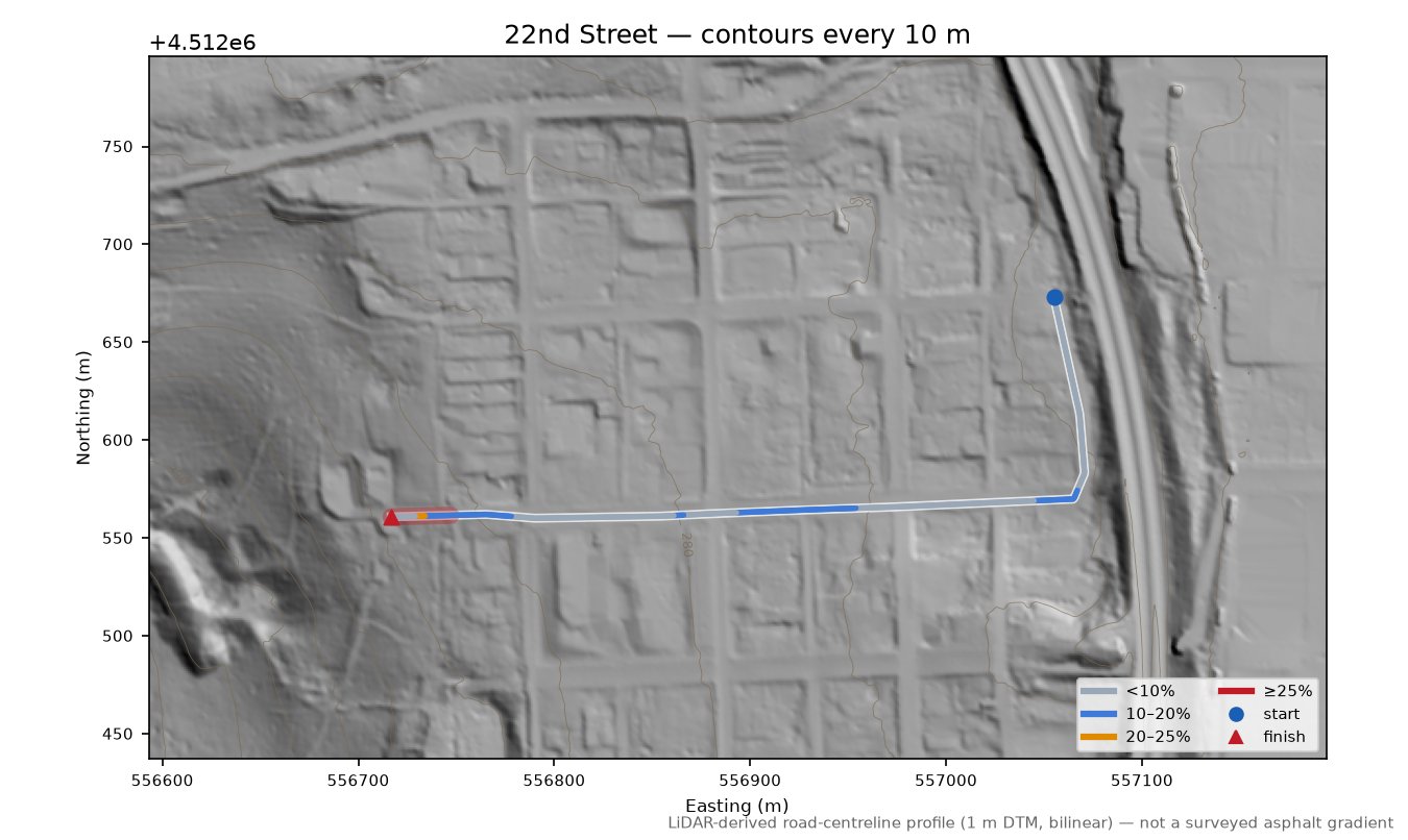 22nd Street LiDAR hillshade map with contours