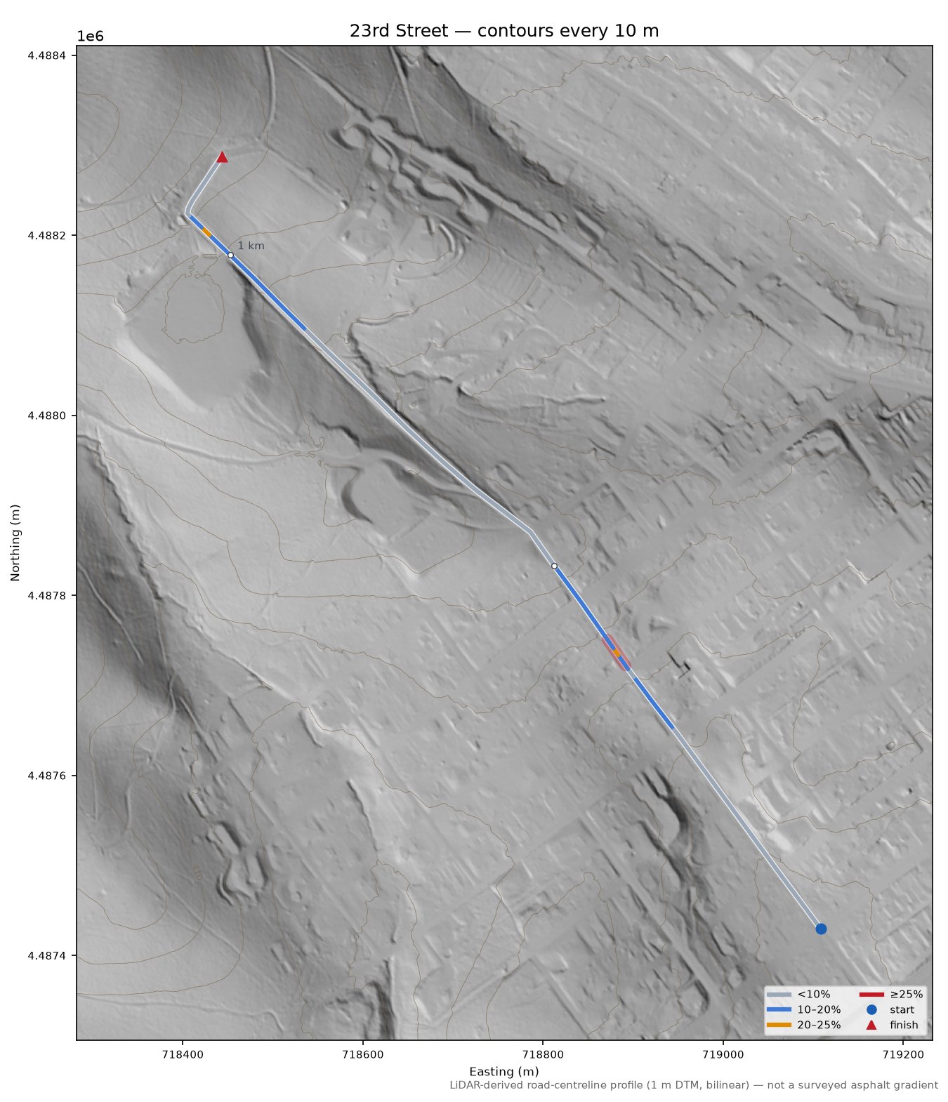 23rd Street LiDAR hillshade map with contours