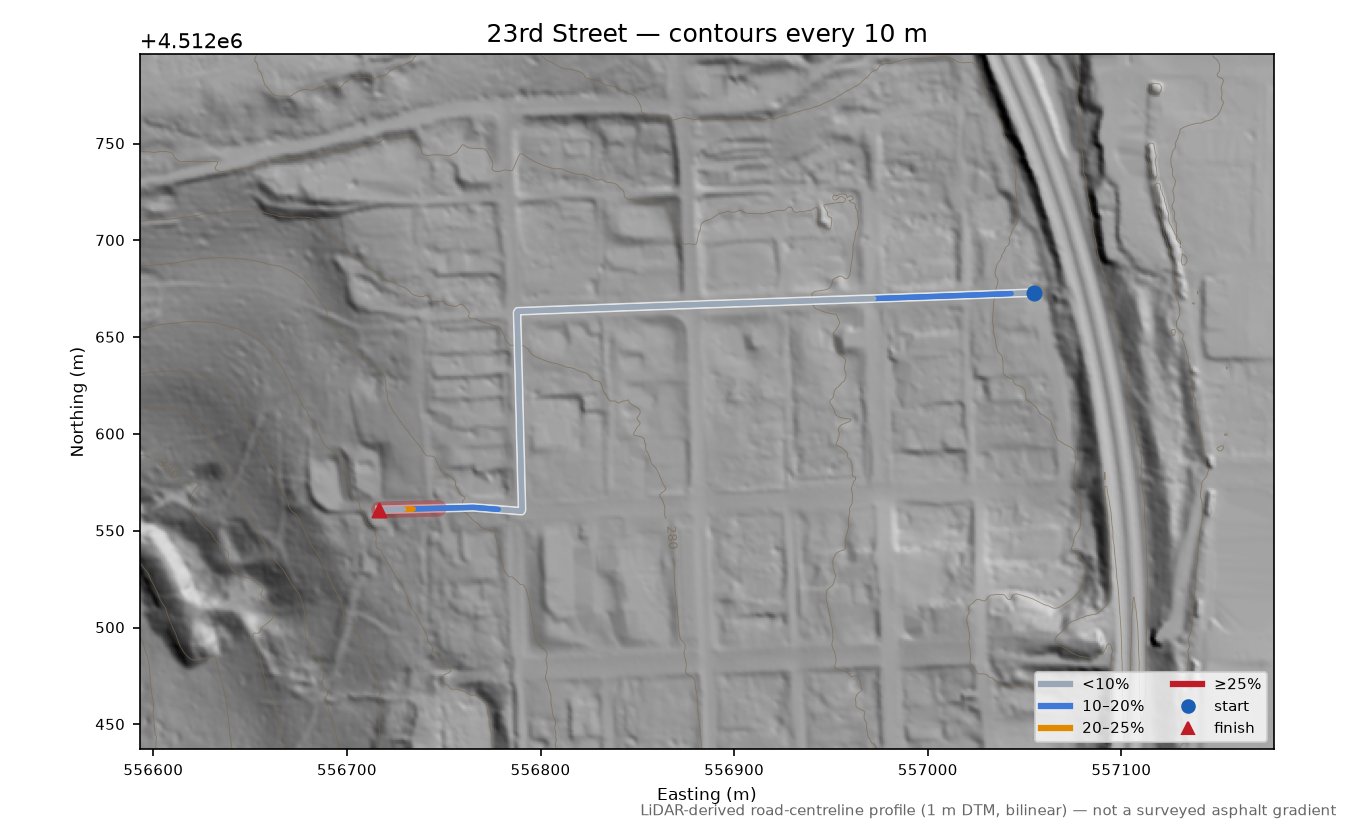 23rd Street LiDAR hillshade map with contours
