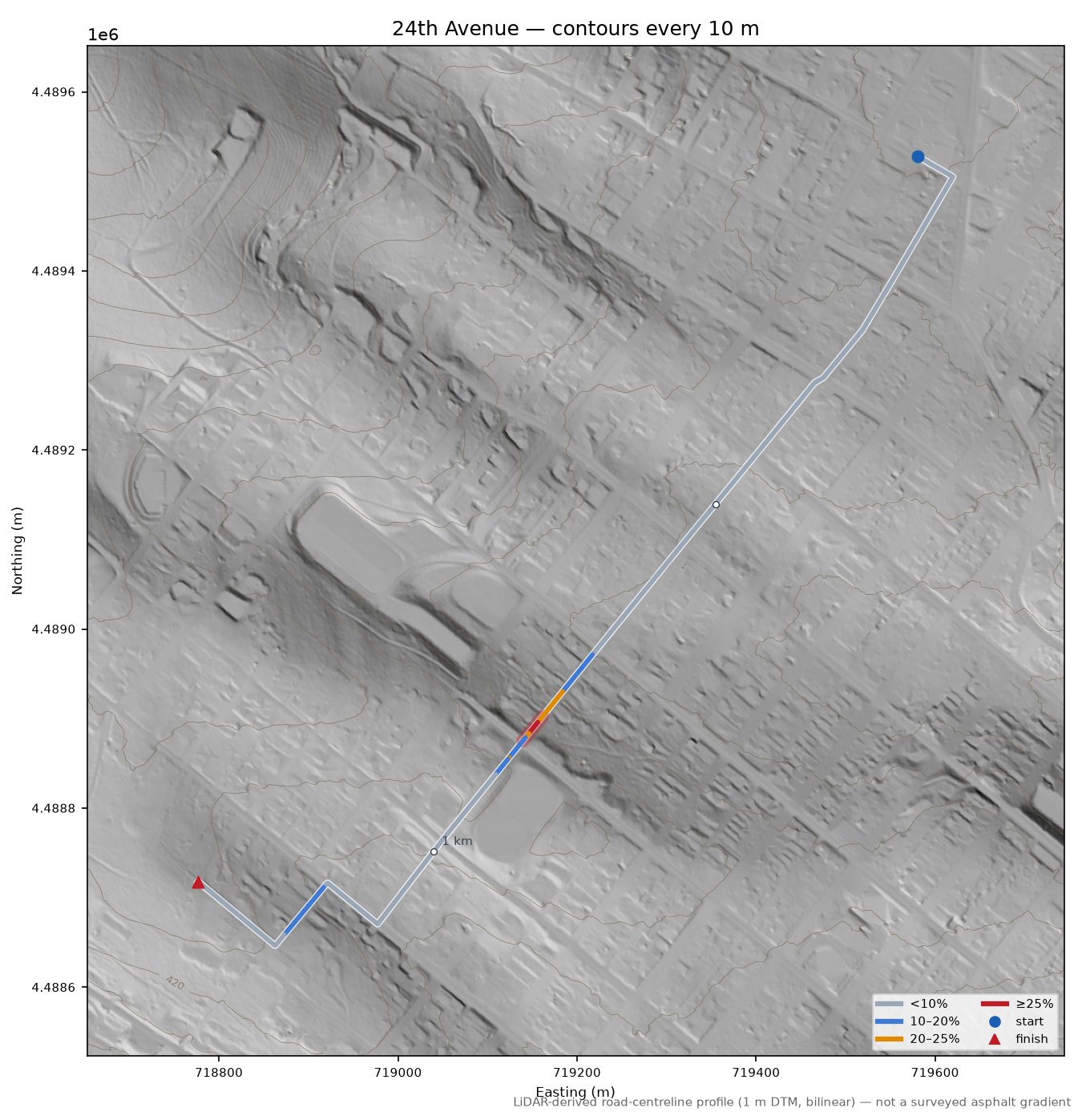 24th Avenue LiDAR hillshade map with contours