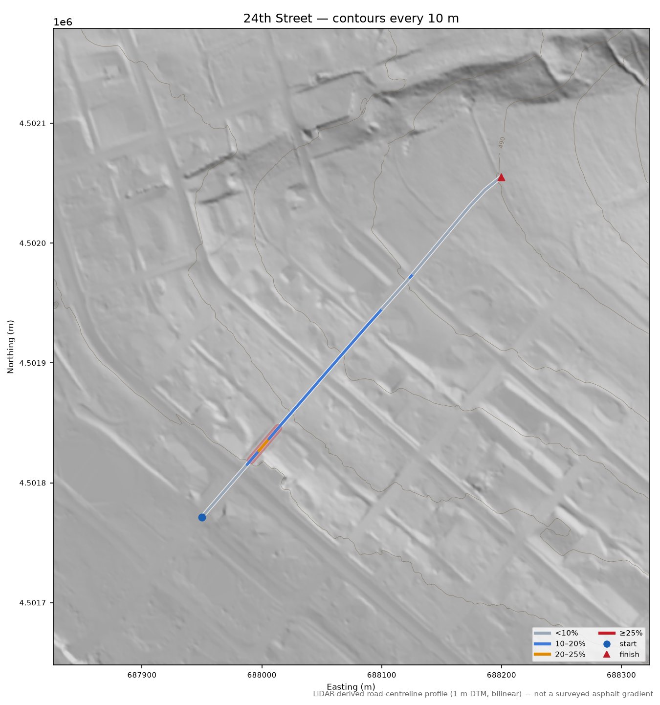 24th Street LiDAR hillshade map with contours