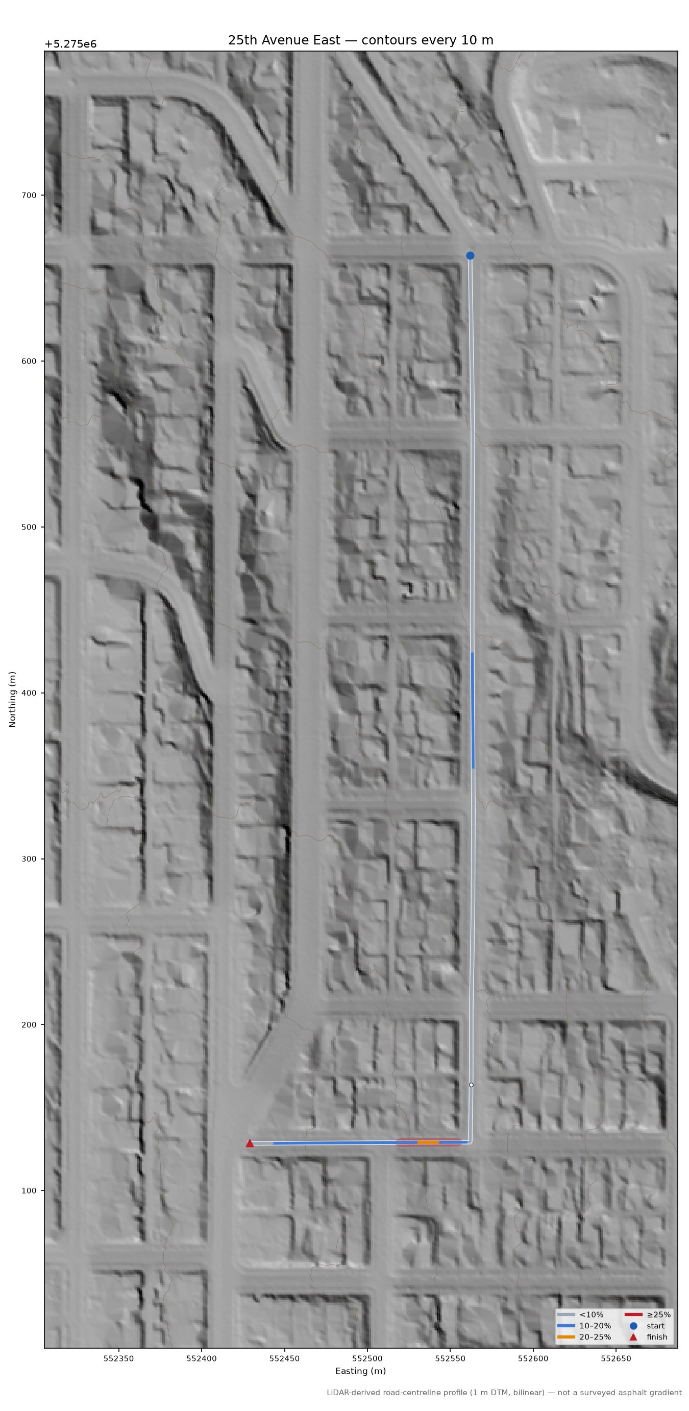 25th Avenue East LiDAR hillshade map with contours