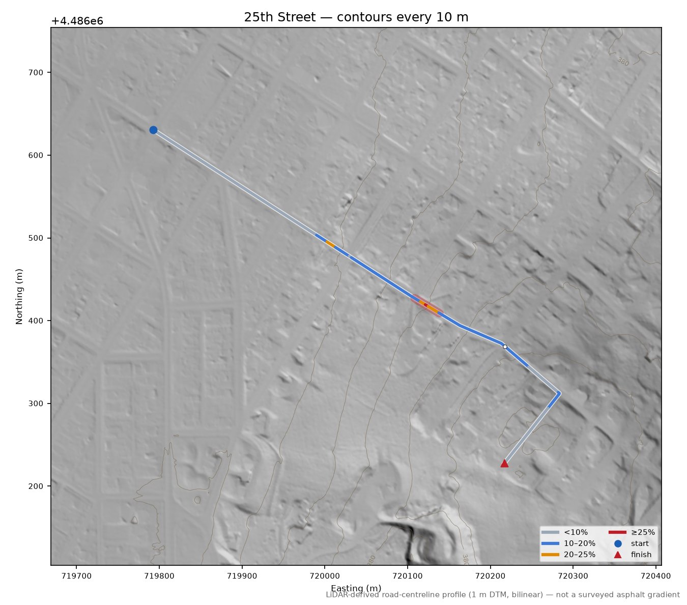 25th Street LiDAR hillshade map with contours