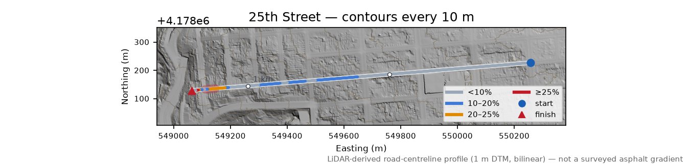 25th Street LiDAR hillshade map with contours