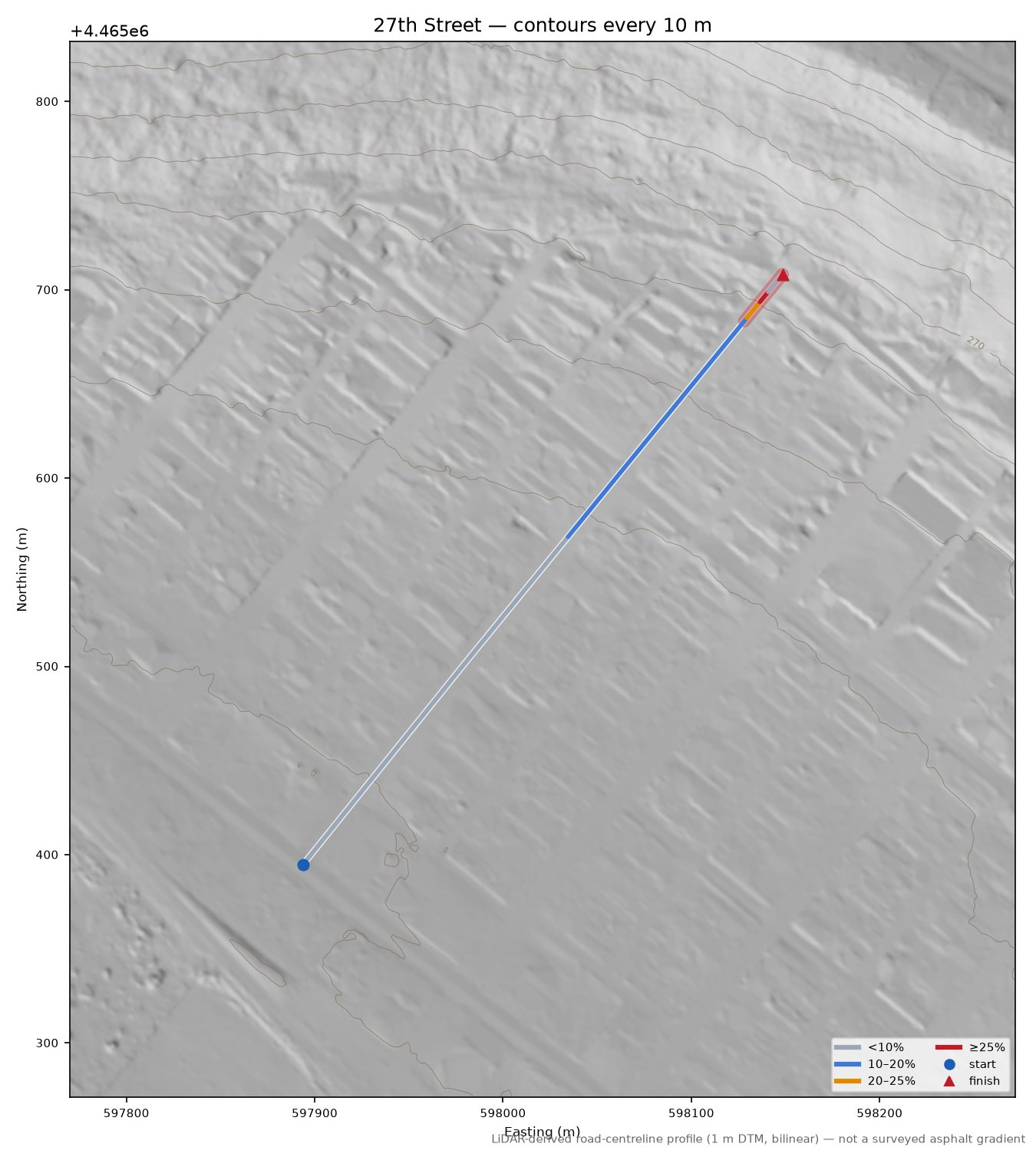 27th Street LiDAR hillshade map with contours