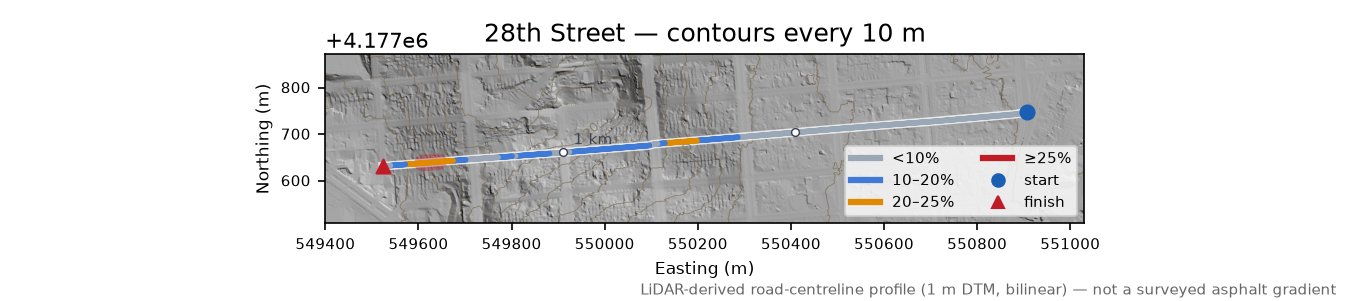 28th Street LiDAR hillshade map with contours