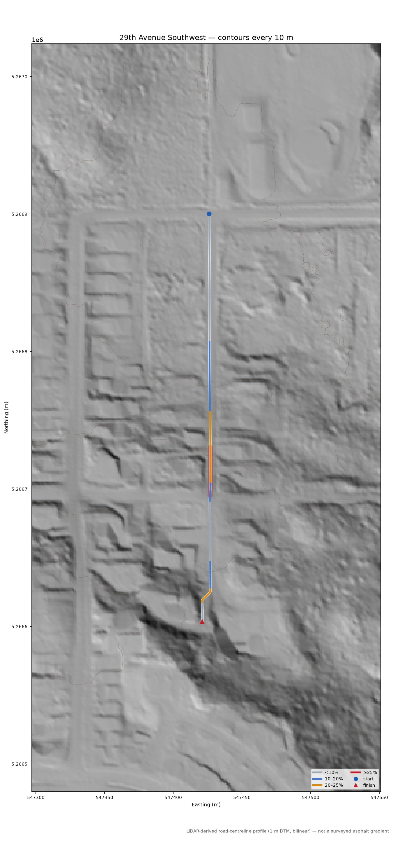 29th Avenue Southwest LiDAR hillshade map with contours