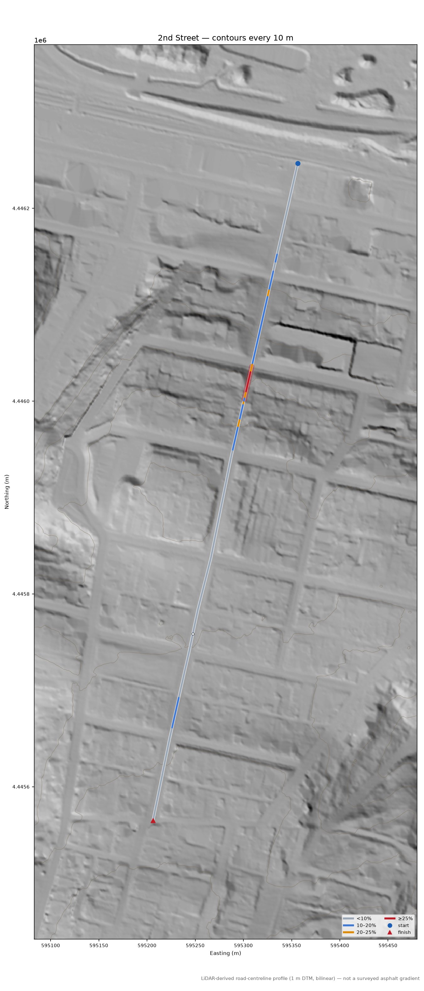 2nd Street LiDAR hillshade map with contours