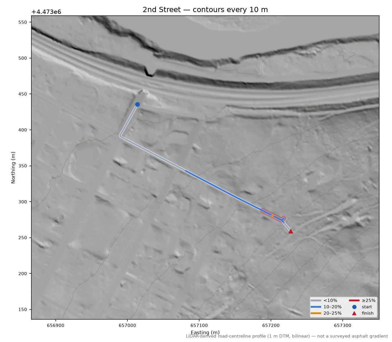 2nd Street LiDAR hillshade map with contours