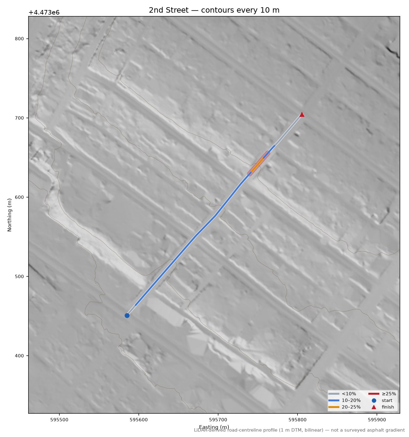 2nd Street LiDAR hillshade map with contours