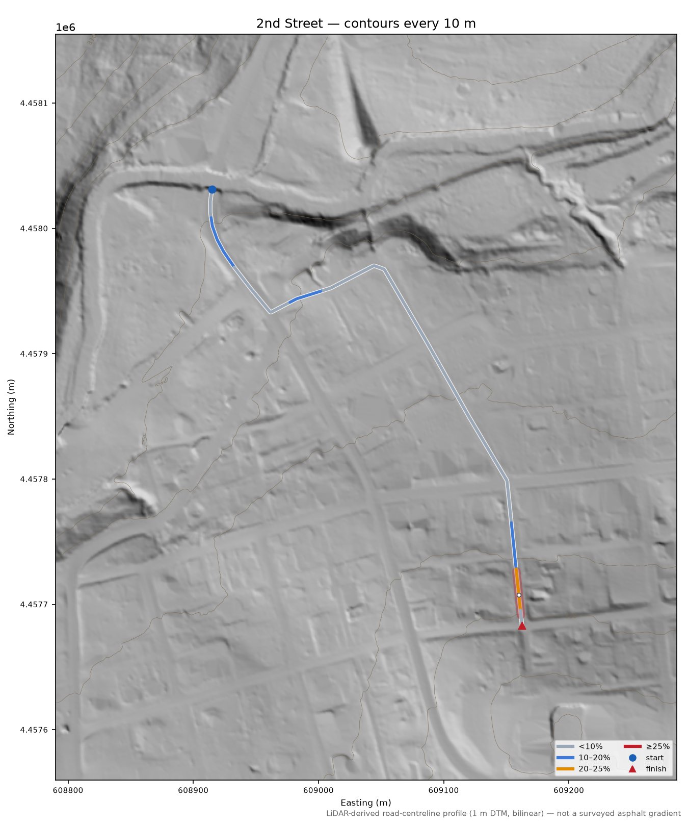 2nd Street LiDAR hillshade map with contours