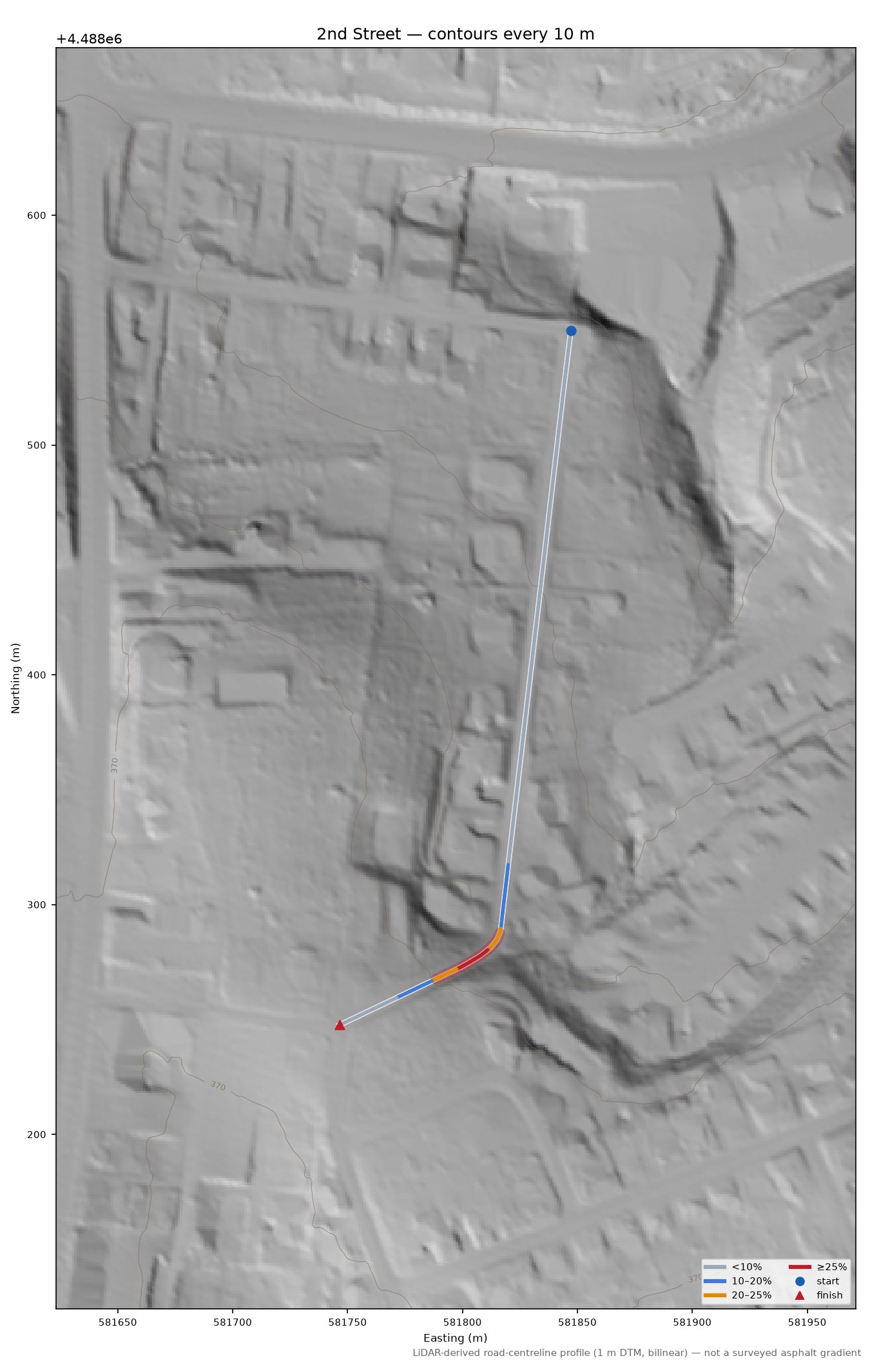2nd Street LiDAR hillshade map with contours