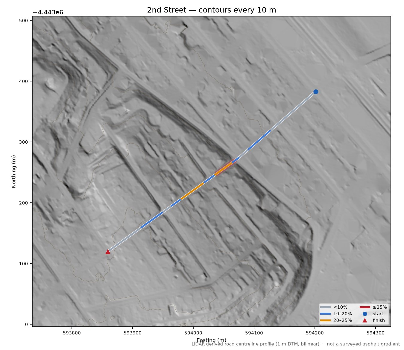 2nd Street LiDAR hillshade map with contours