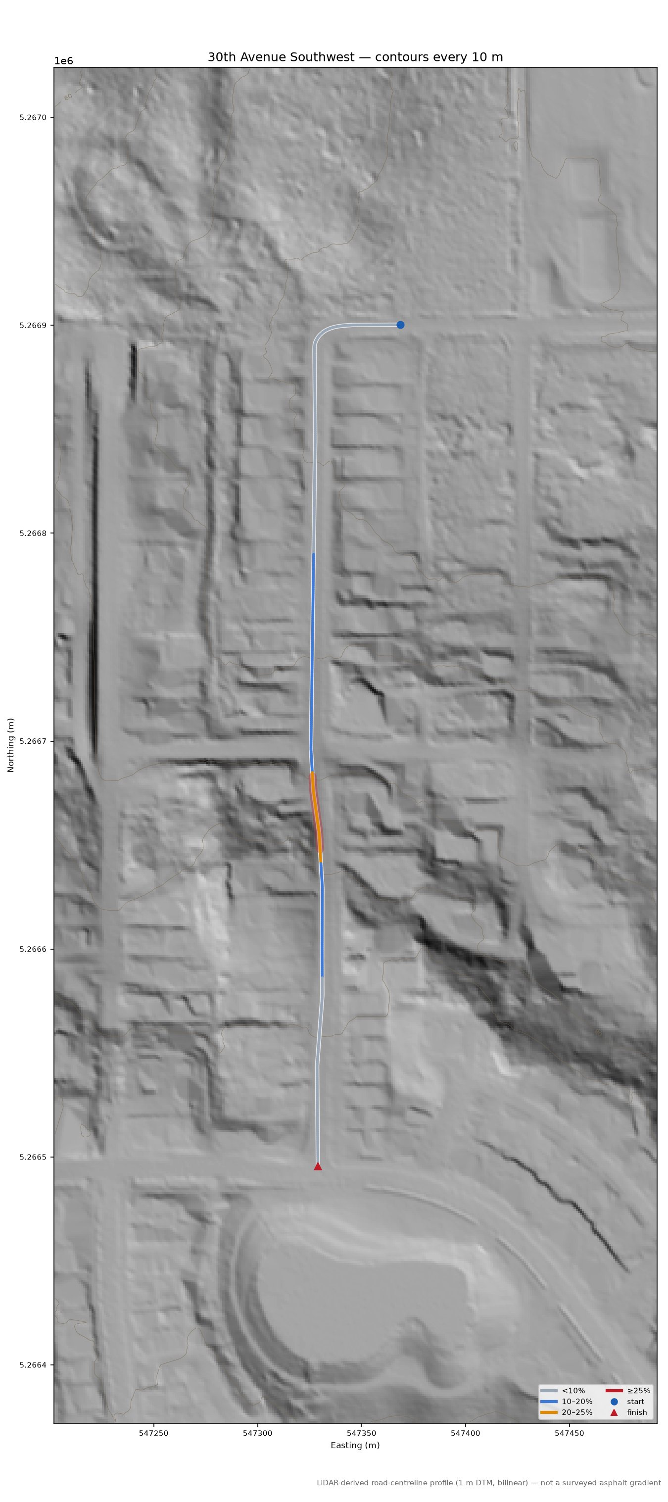 30th Avenue Southwest LiDAR hillshade map with contours