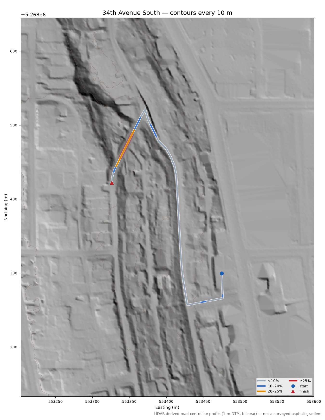 34th Avenue South LiDAR hillshade map with contours
