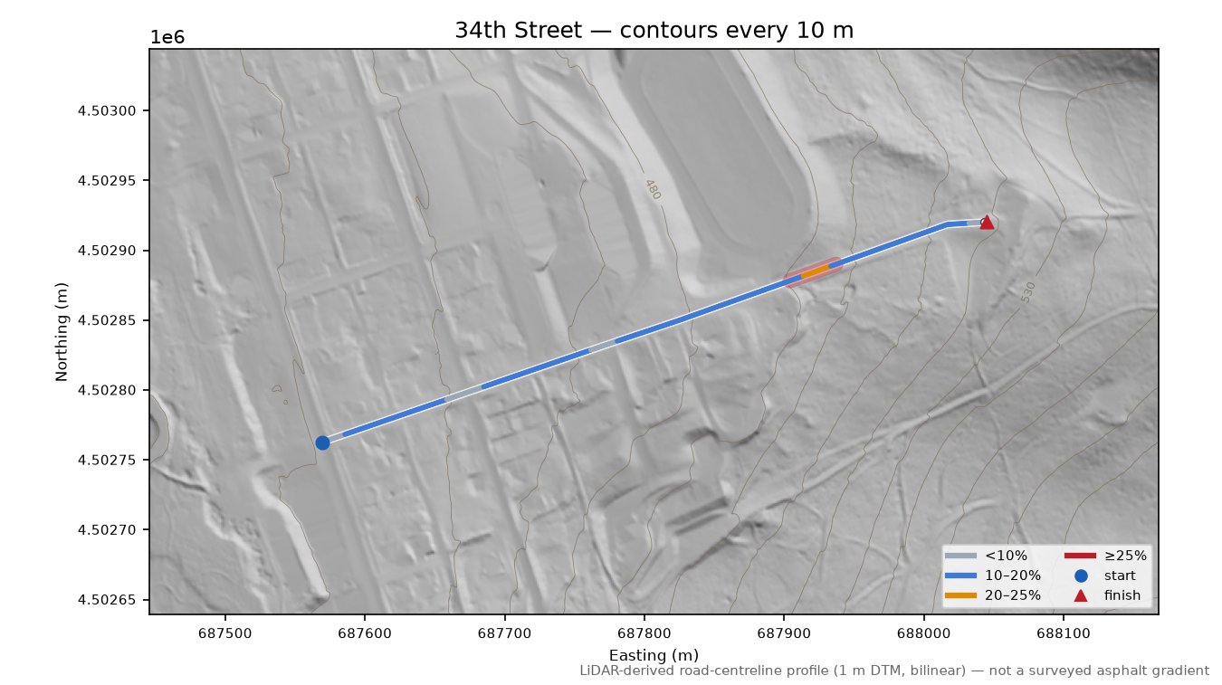 34th Street LiDAR hillshade map with contours