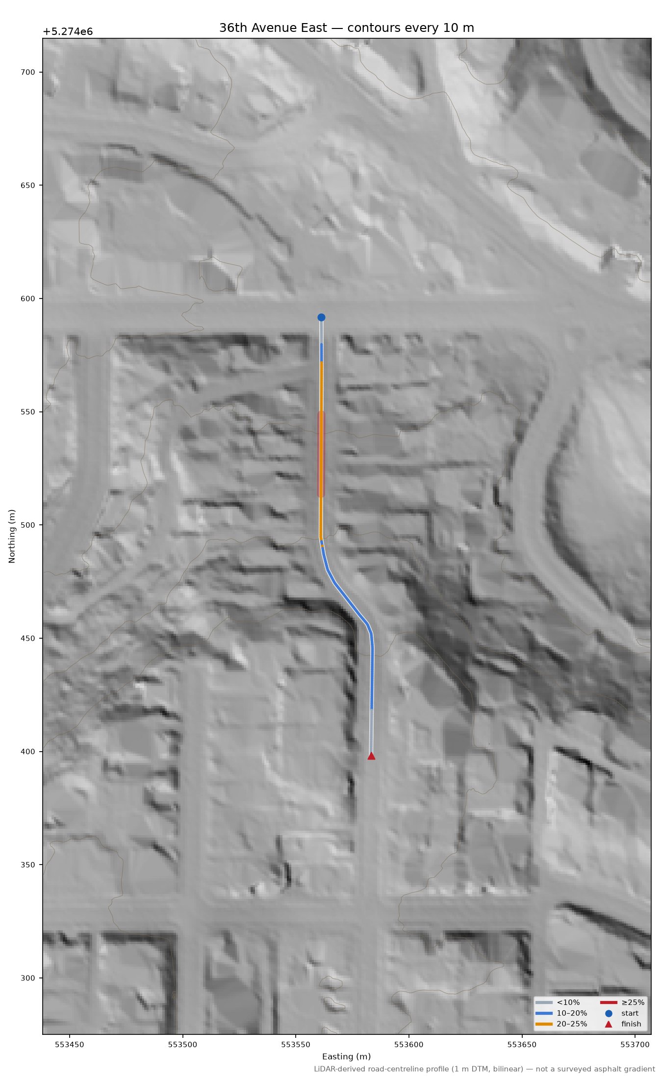 36th Avenue East LiDAR hillshade map with contours