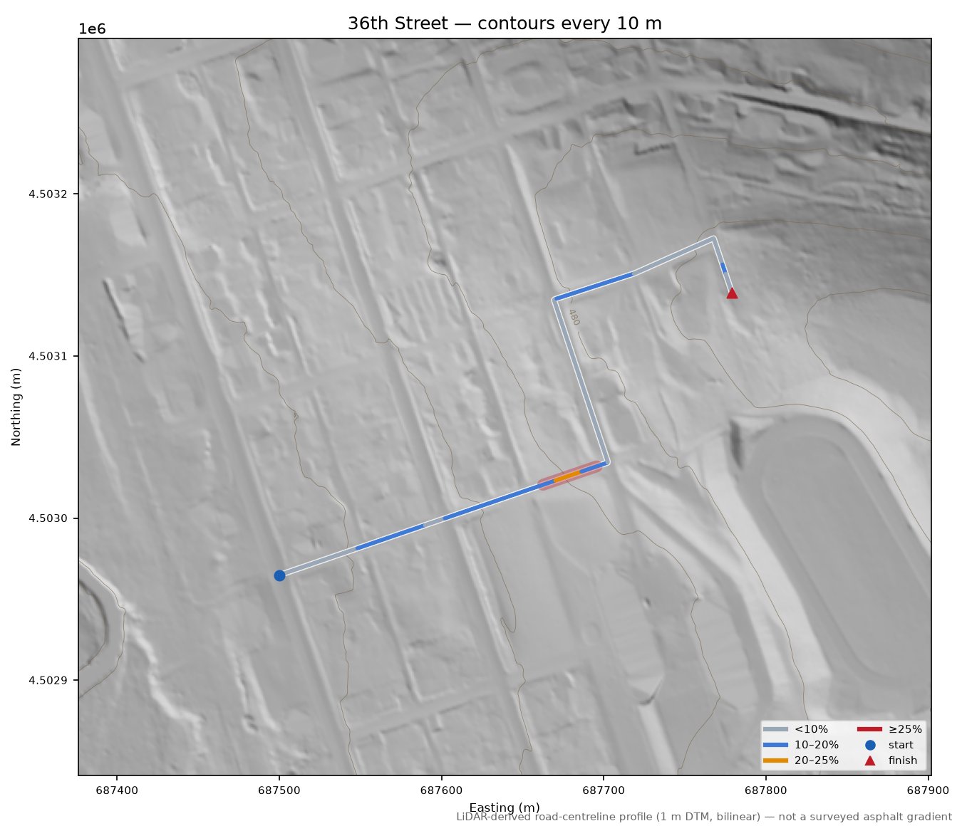 36th Street LiDAR hillshade map with contours
