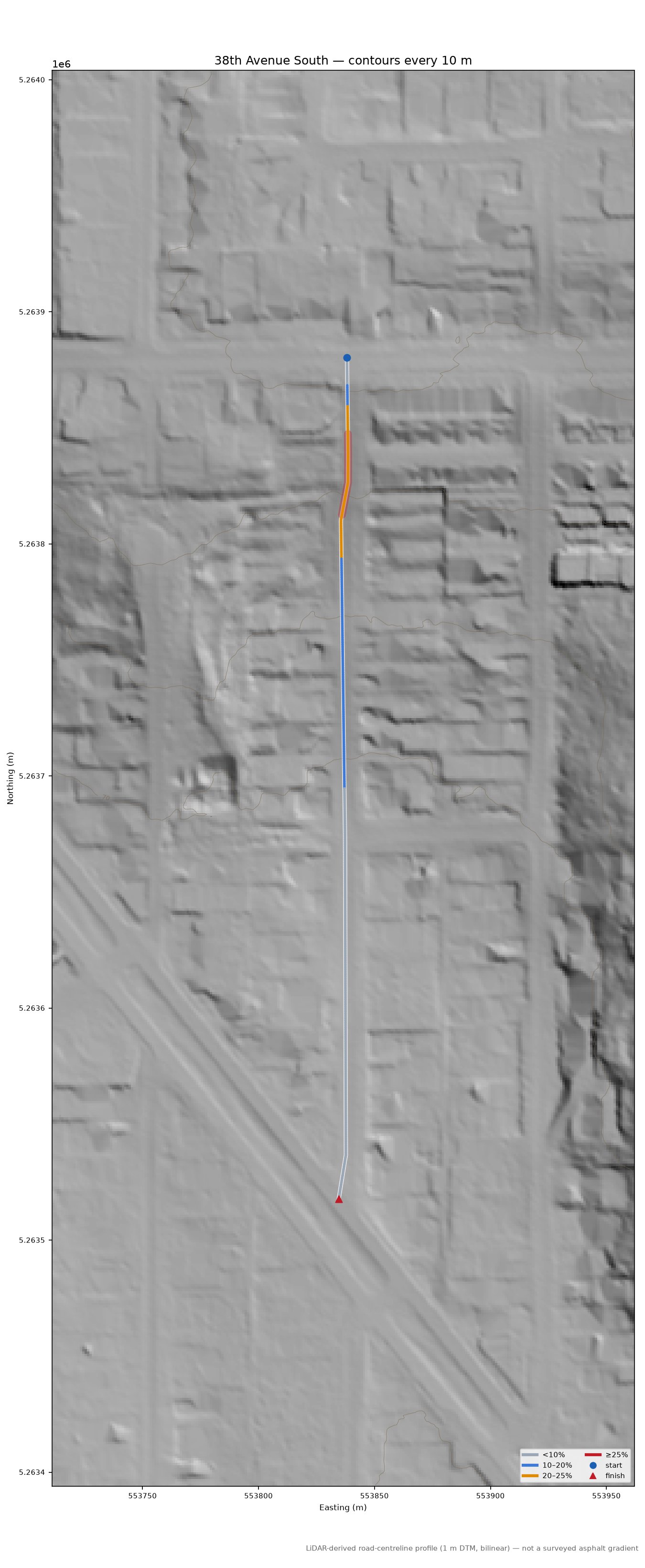 38th Avenue South LiDAR hillshade map with contours