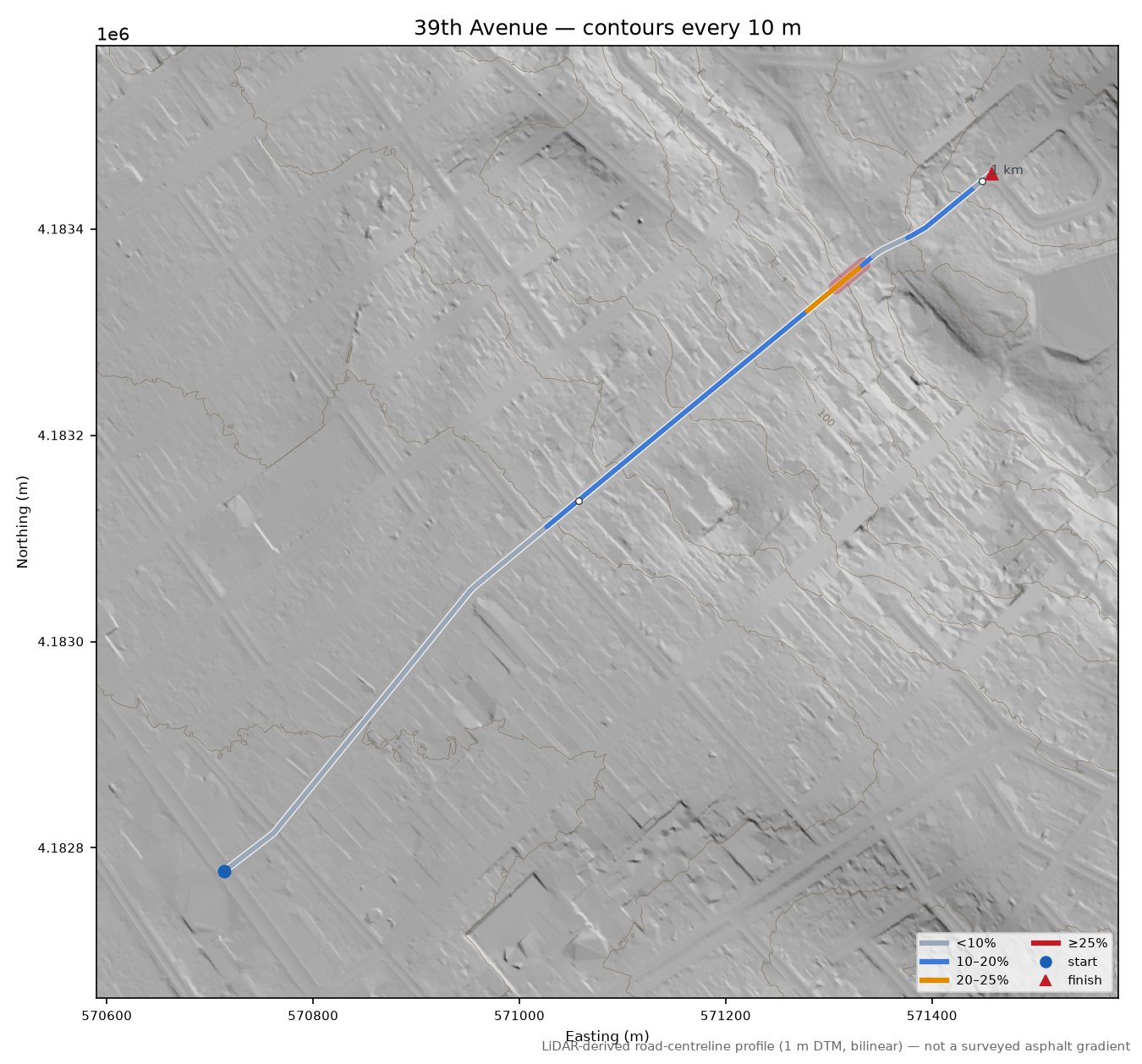 39th Avenue LiDAR hillshade map with contours