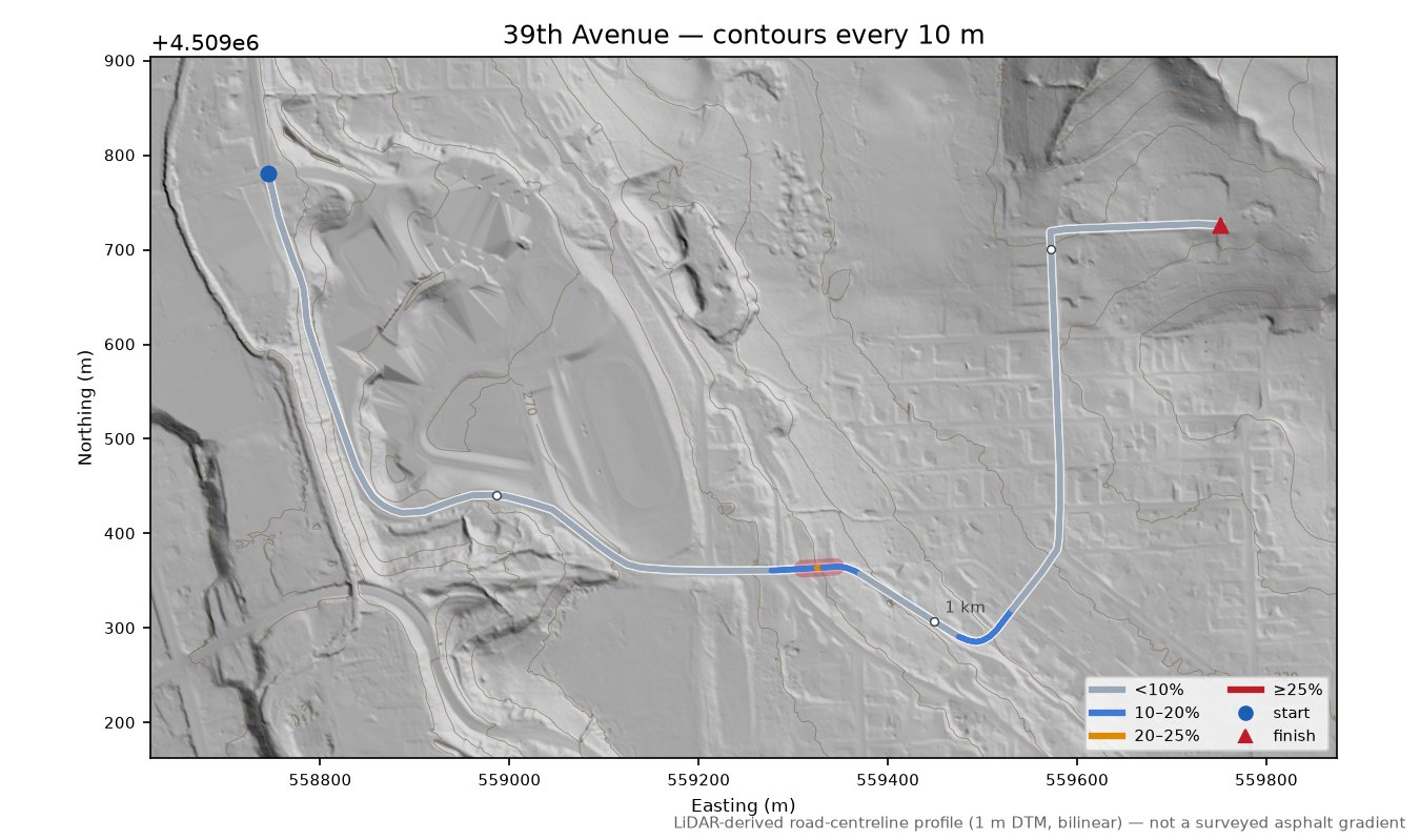 39th Avenue LiDAR hillshade map with contours