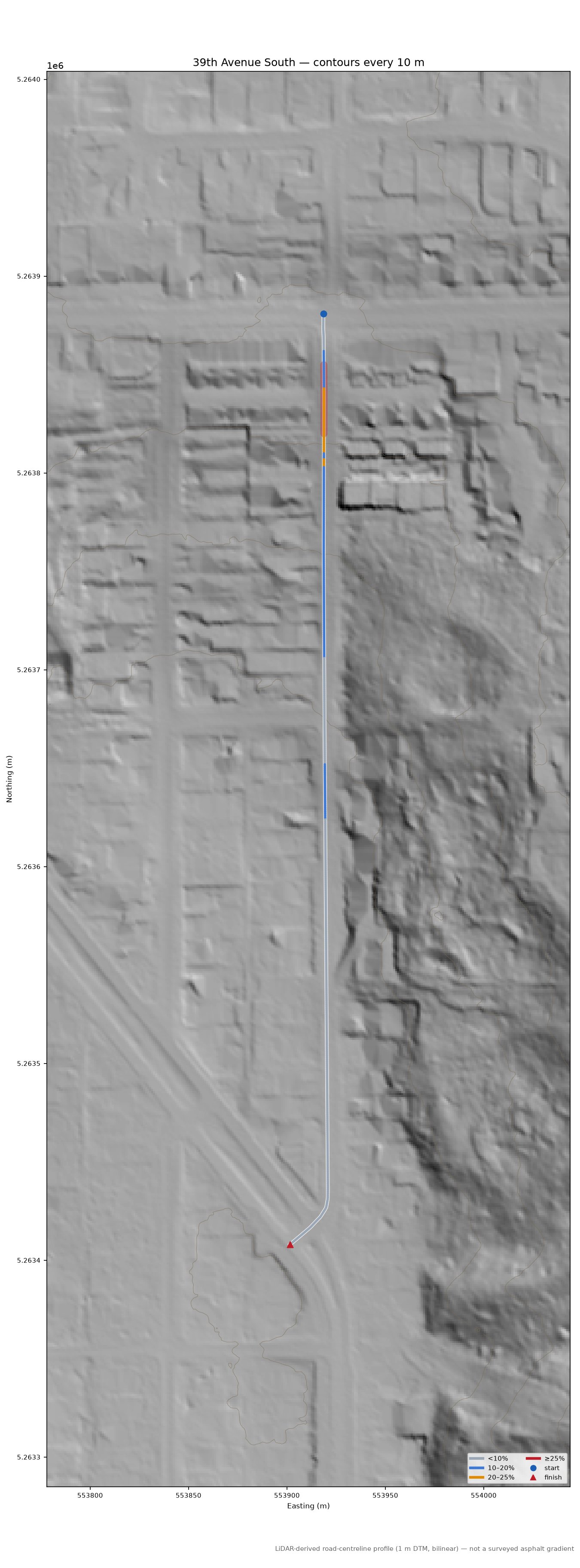 39th Avenue South LiDAR hillshade map with contours
