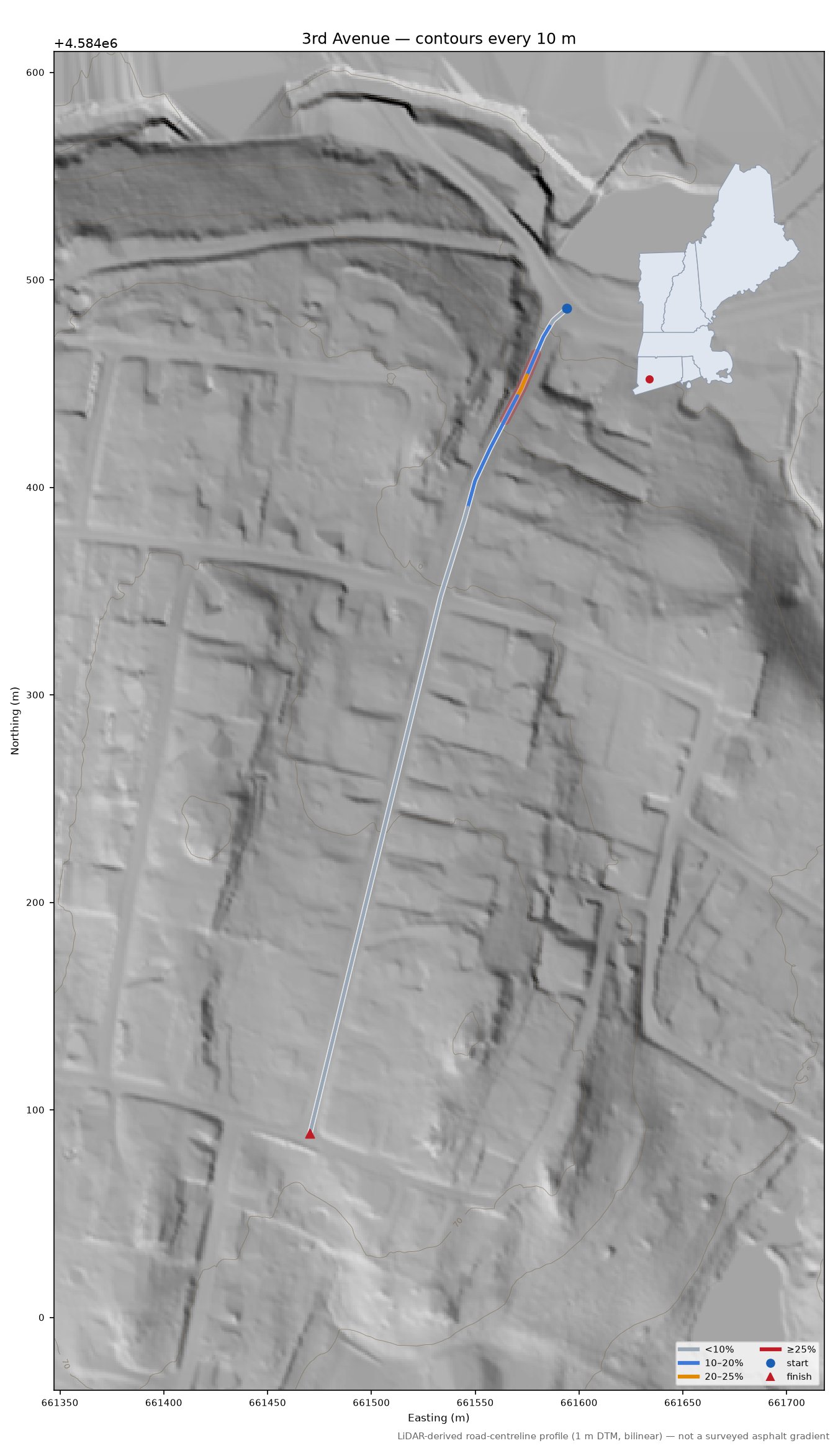 3rd Avenue LiDAR hillshade map with contours