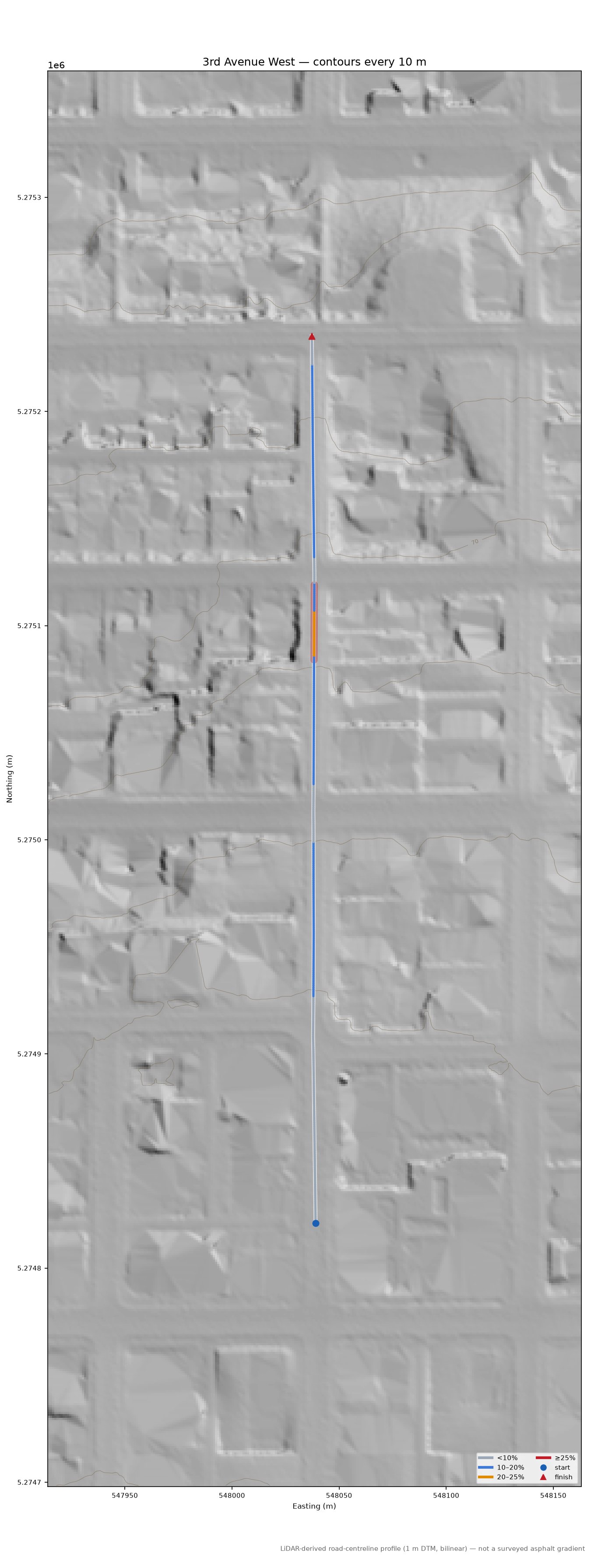 3rd Avenue West LiDAR hillshade map with contours