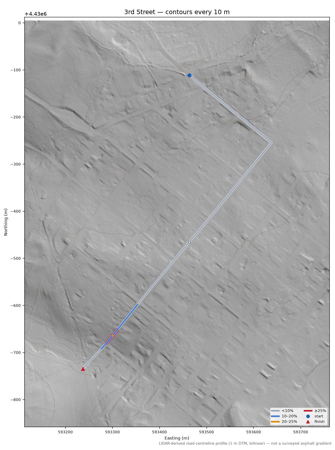 3rd Street LiDAR hillshade map with contours