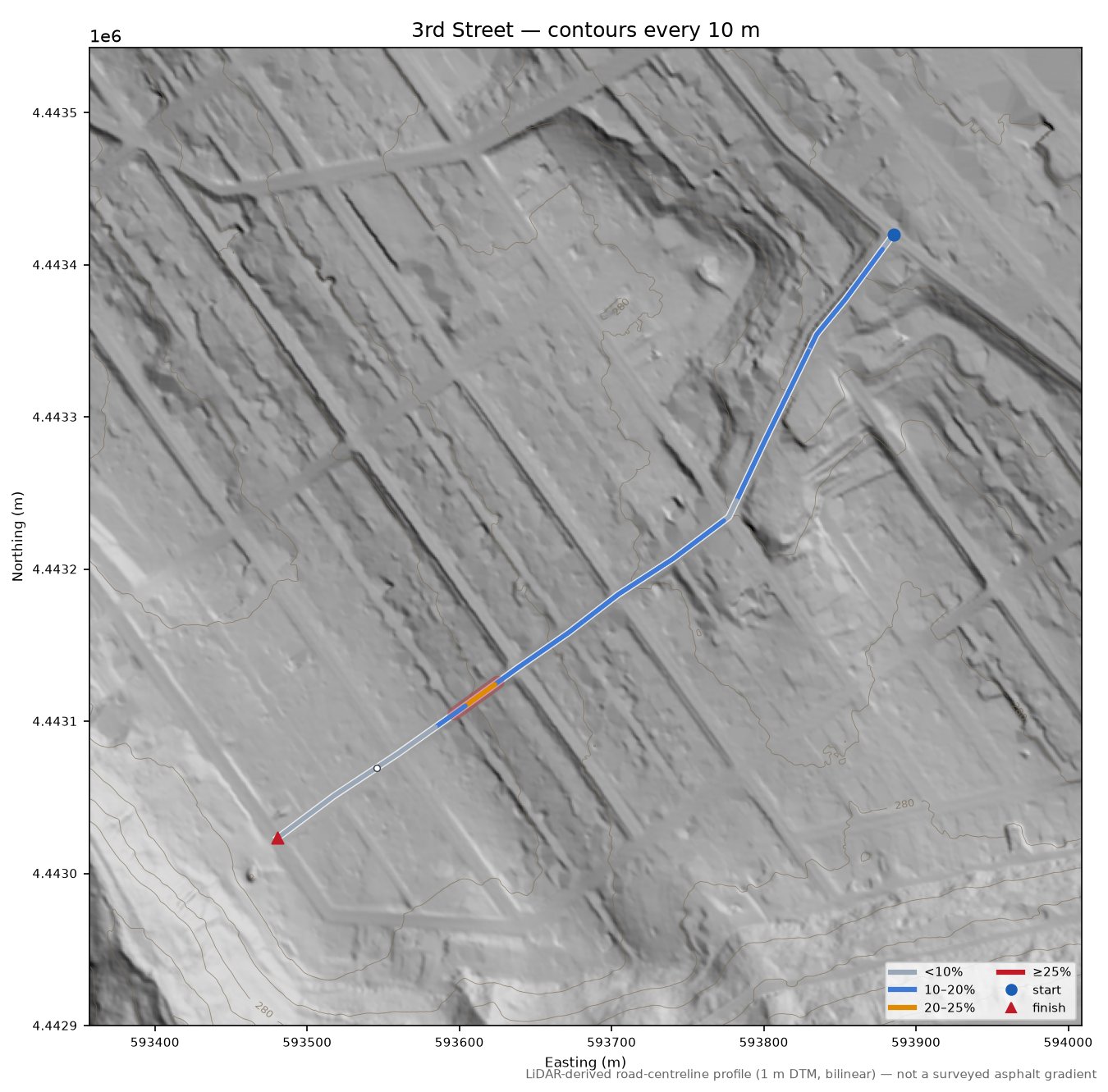 3rd Street LiDAR hillshade map with contours