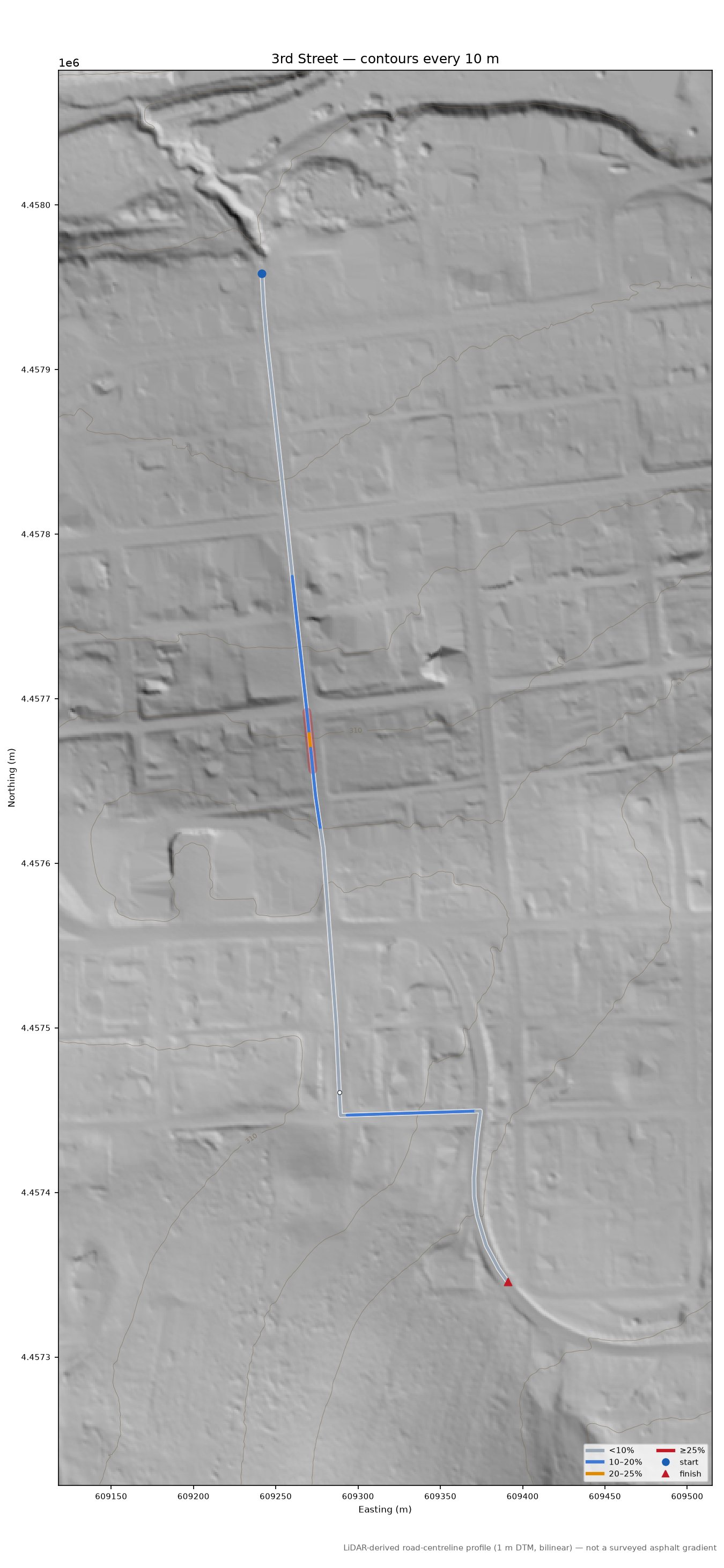 3rd Street LiDAR hillshade map with contours