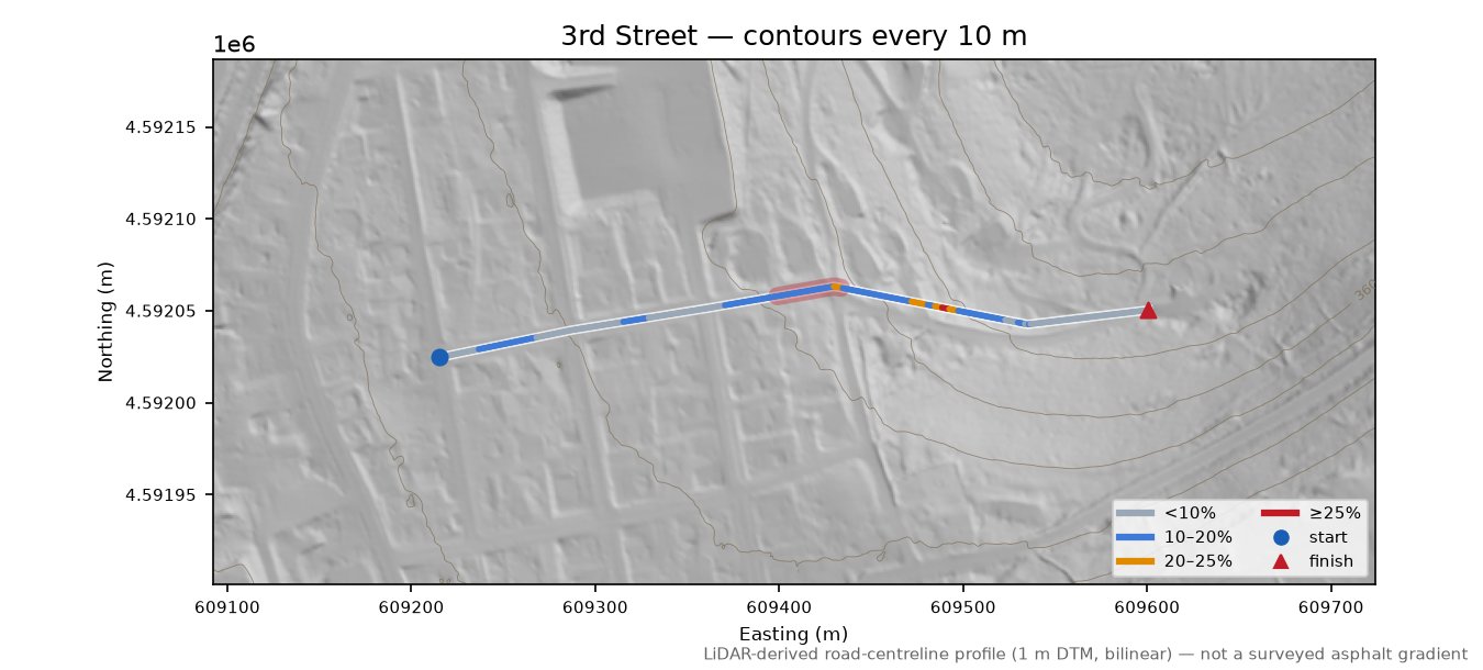 3rd Street LiDAR hillshade map with contours