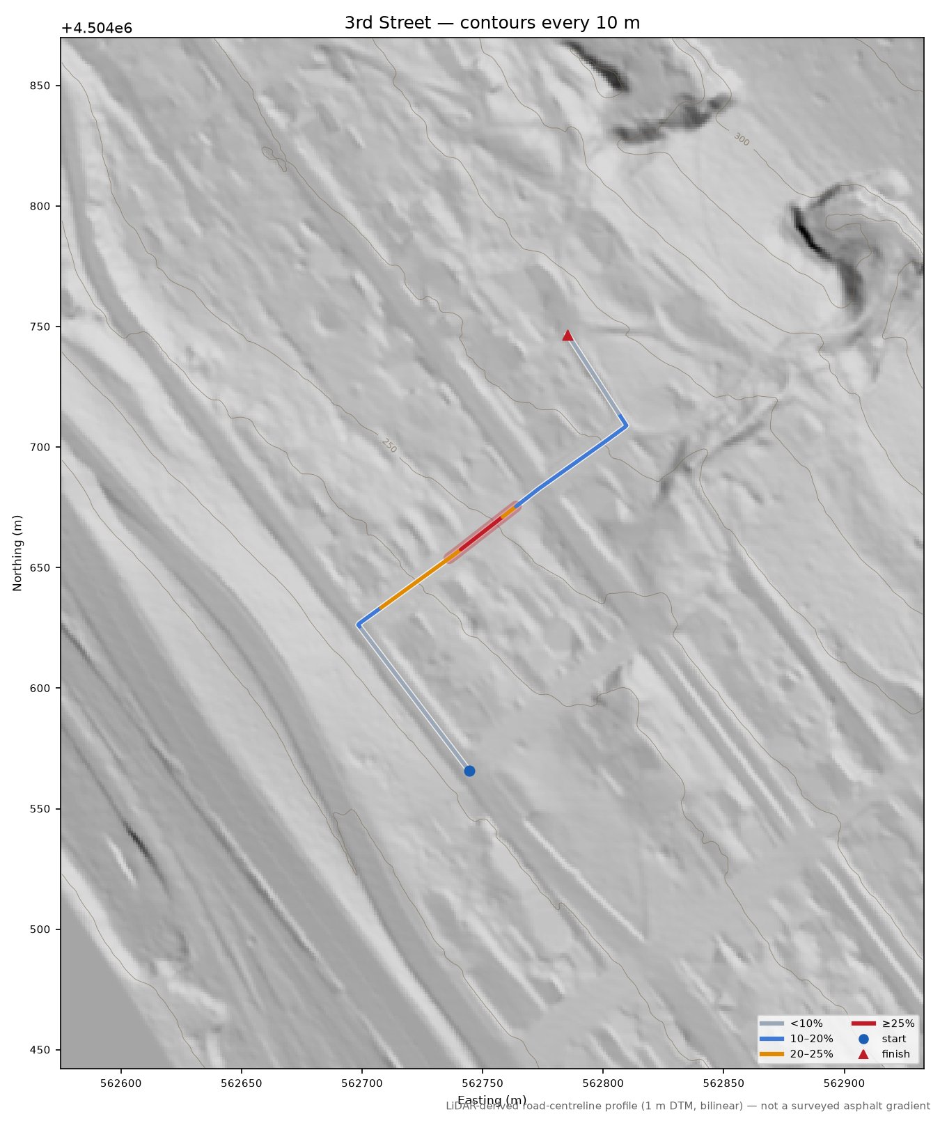 3rd Street LiDAR hillshade map with contours