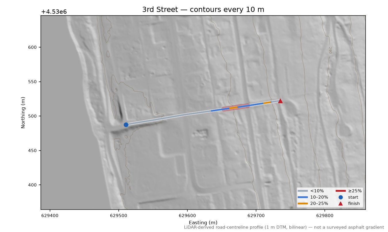 3rd Street LiDAR hillshade map with contours