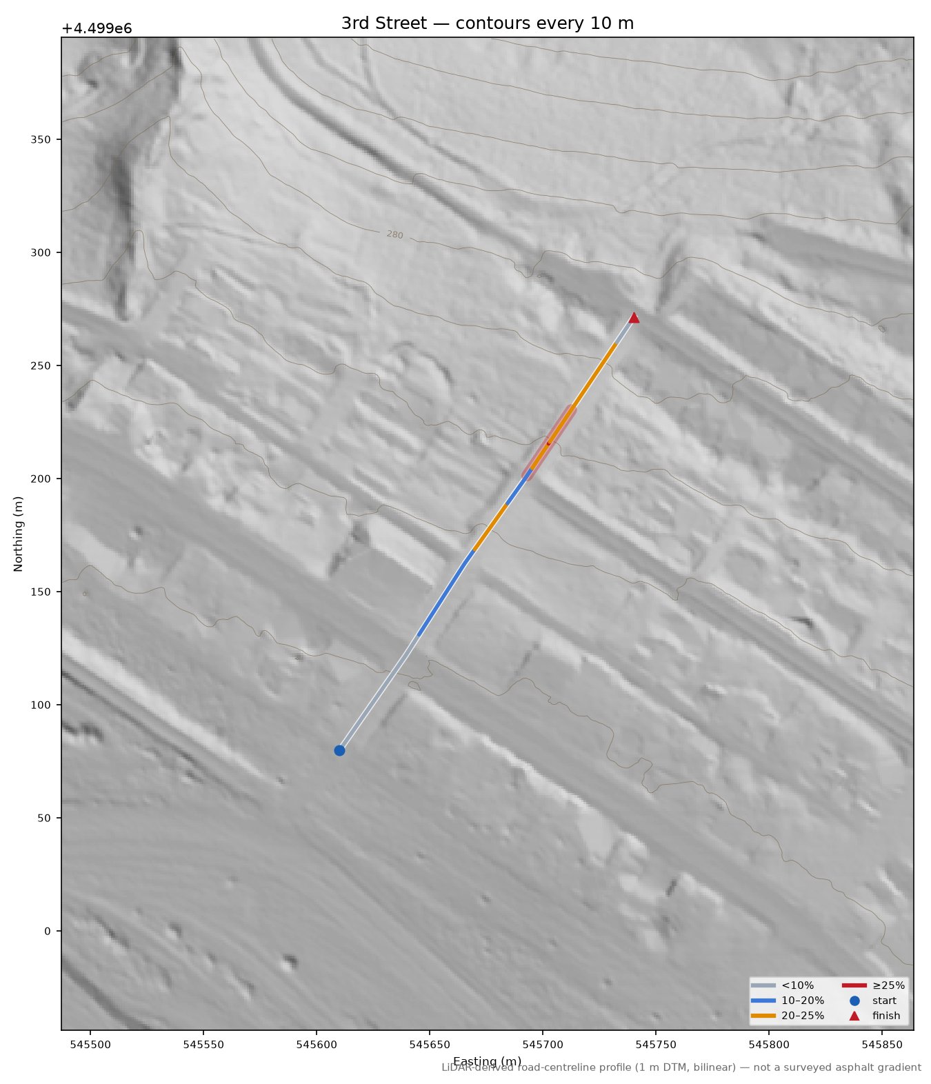 3rd Street LiDAR hillshade map with contours