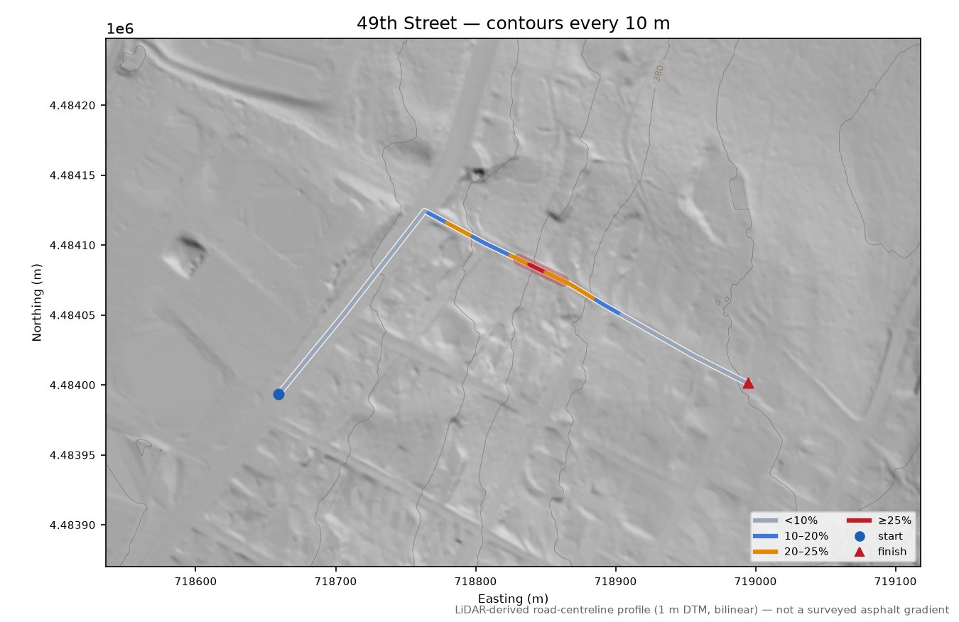 49th Street LiDAR hillshade map with contours