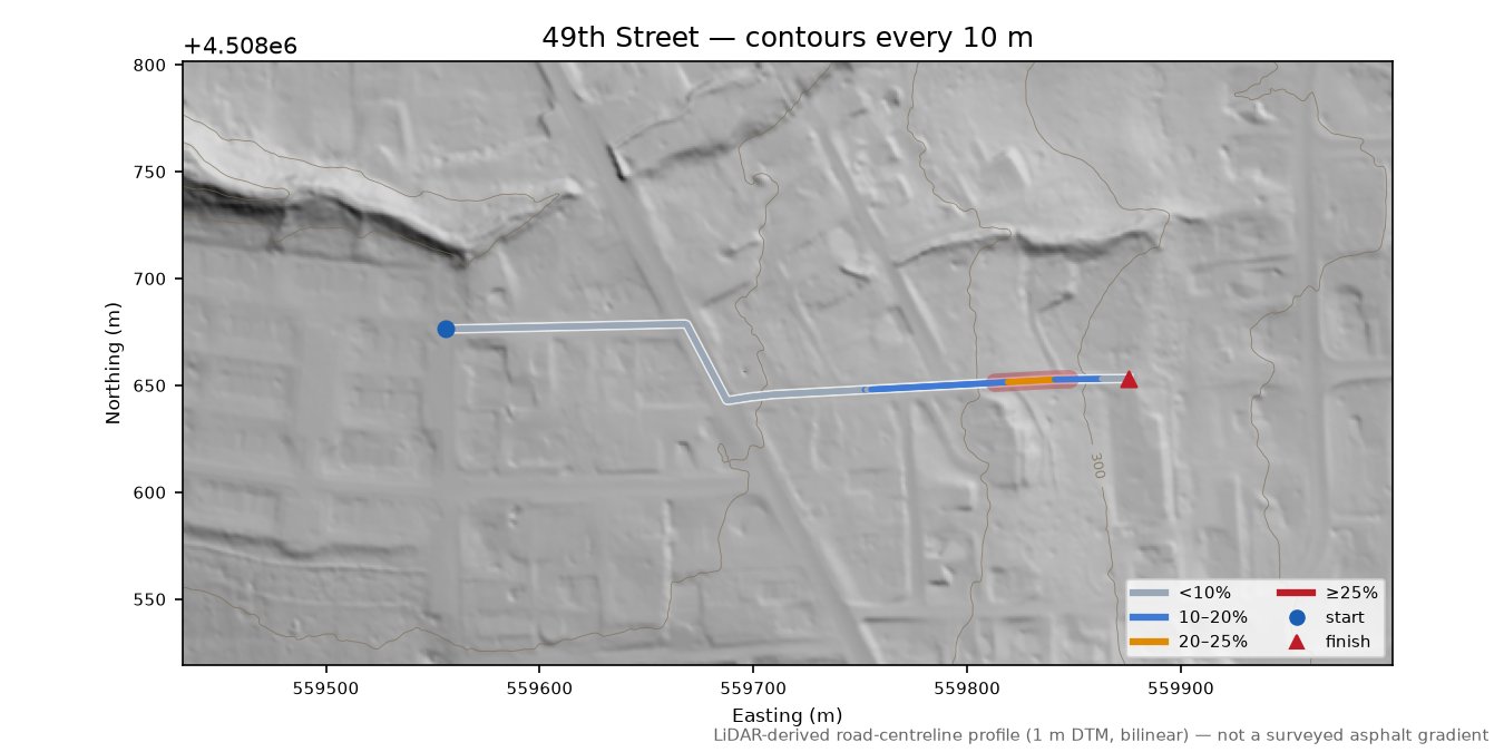 49th Street LiDAR hillshade map with contours