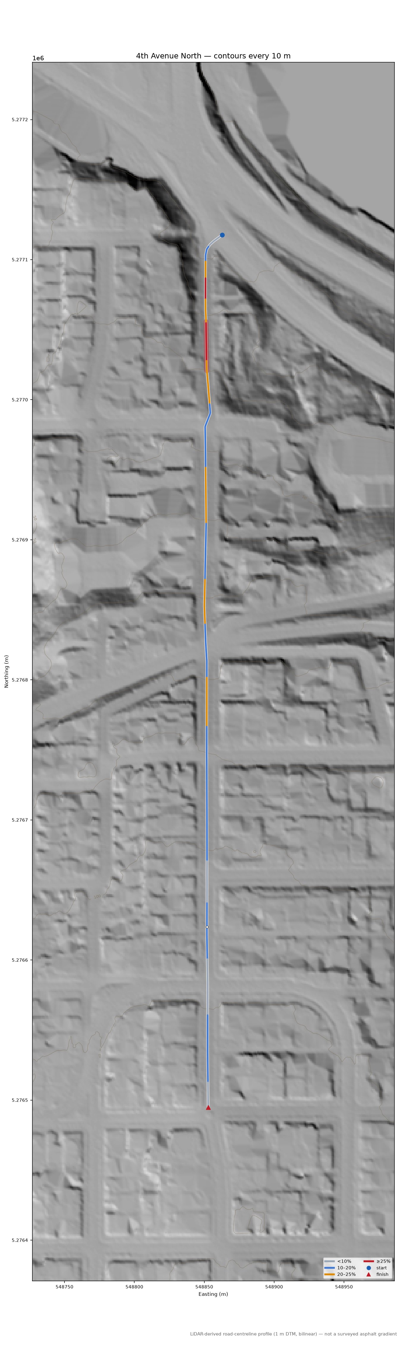 4th Avenue North LiDAR hillshade map with contours