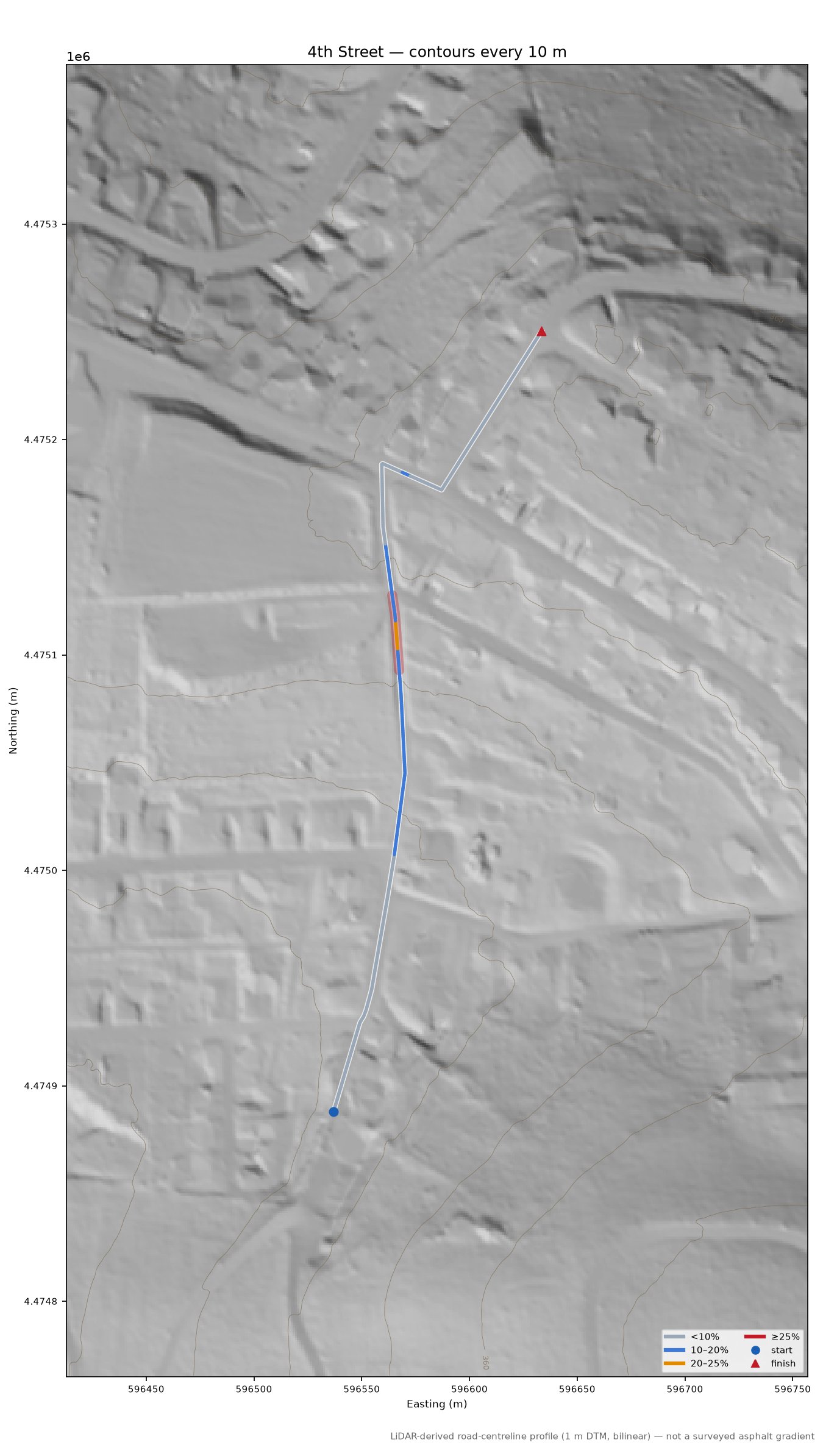 4th Street LiDAR hillshade map with contours