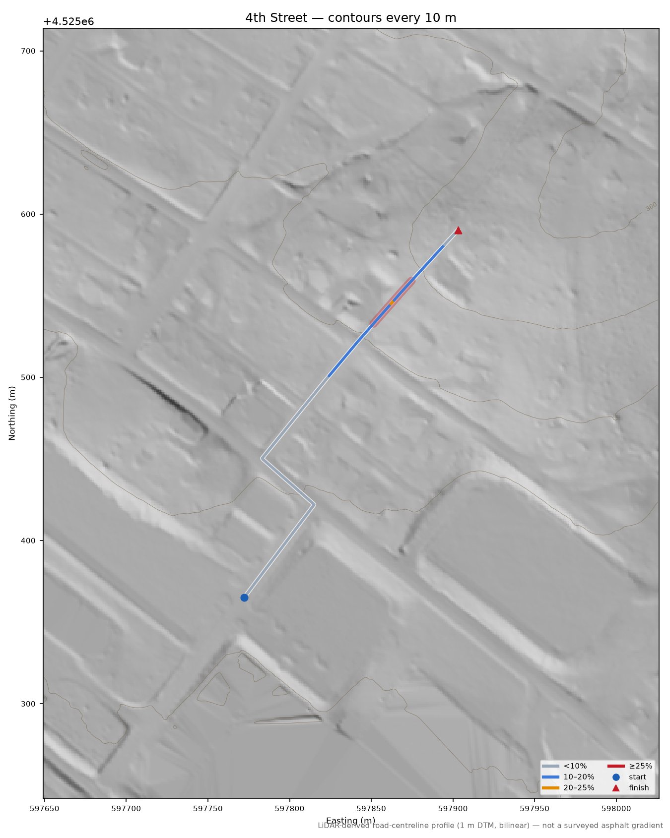 4th Street LiDAR hillshade map with contours