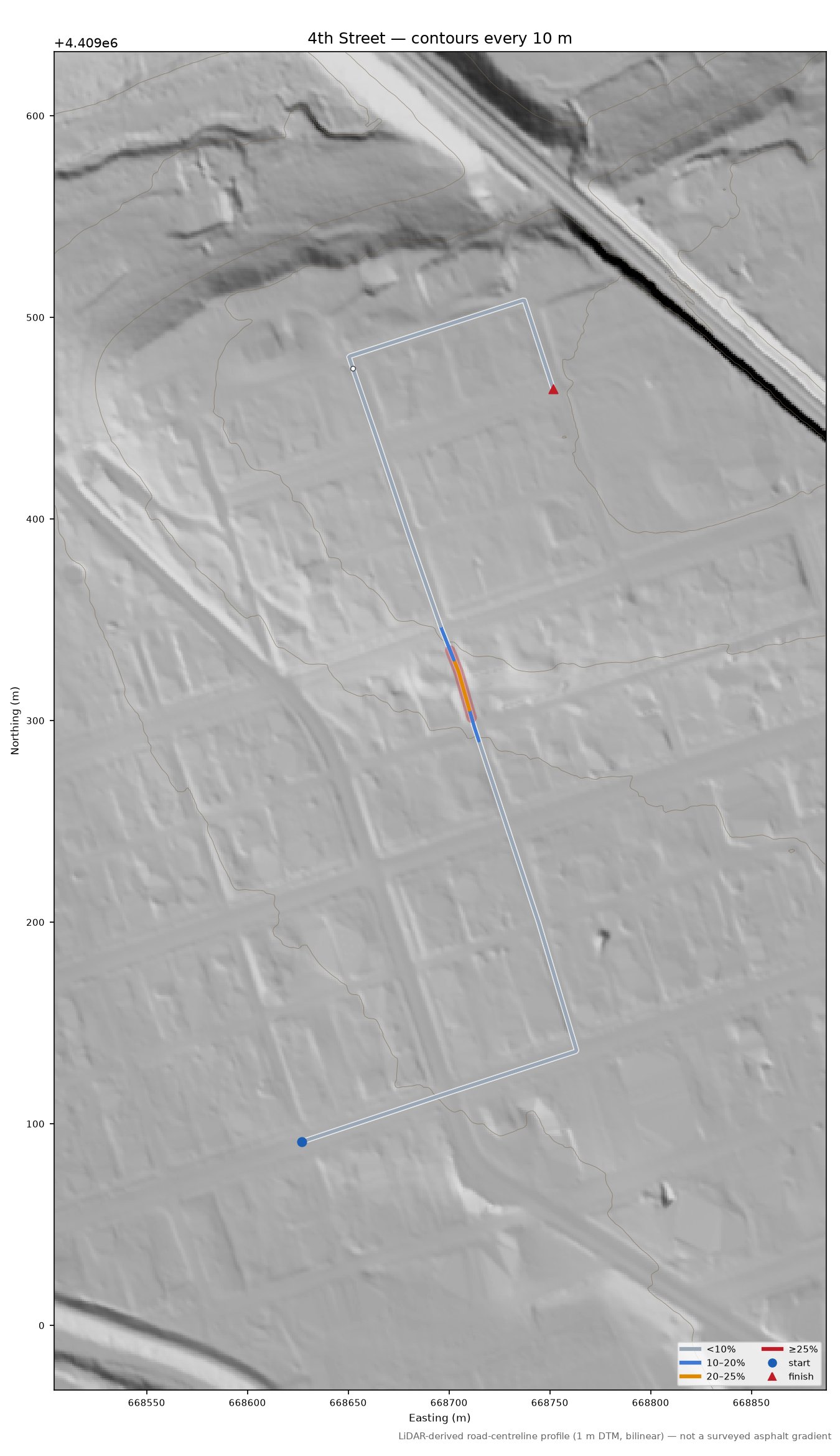 4th Street LiDAR hillshade map with contours