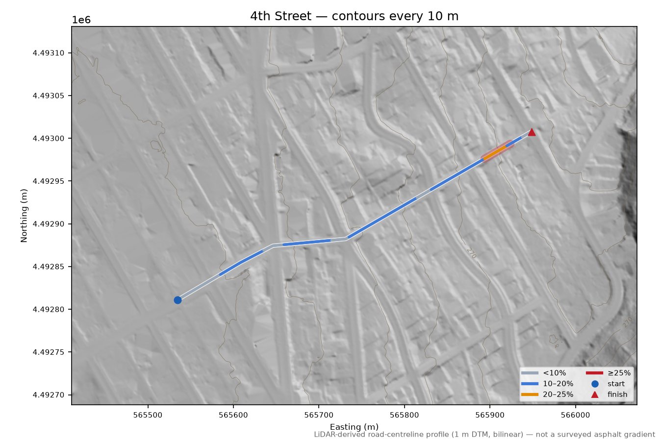 4th Street LiDAR hillshade map with contours