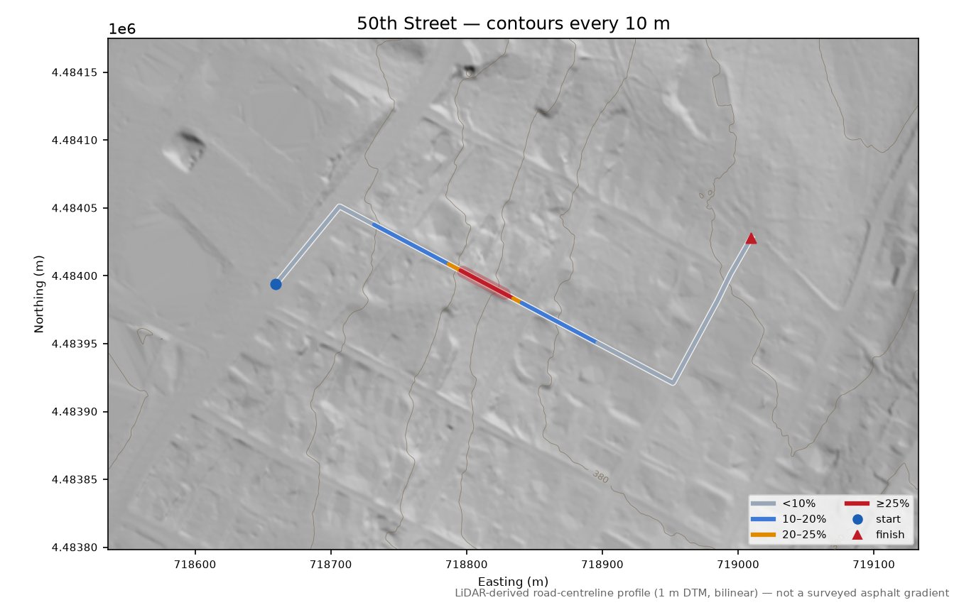 50th Street LiDAR hillshade map with contours