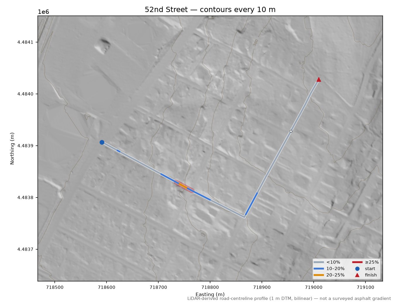 52nd Street LiDAR hillshade map with contours