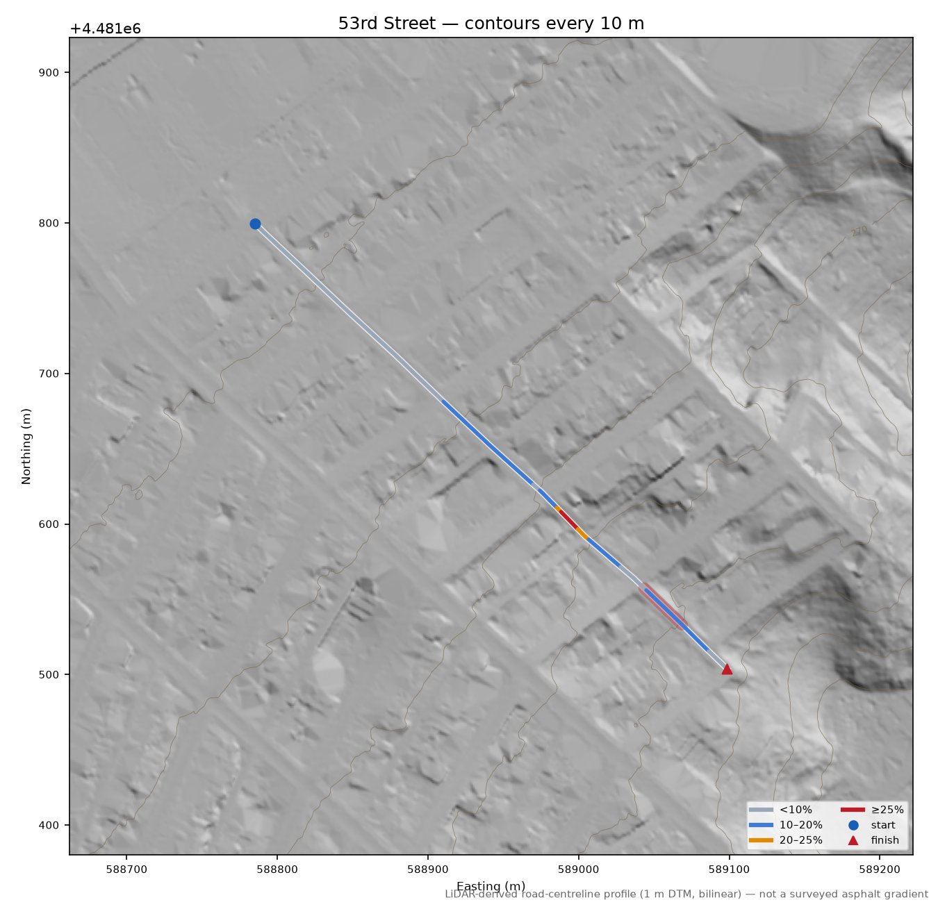 53rd Street LiDAR hillshade map with contours